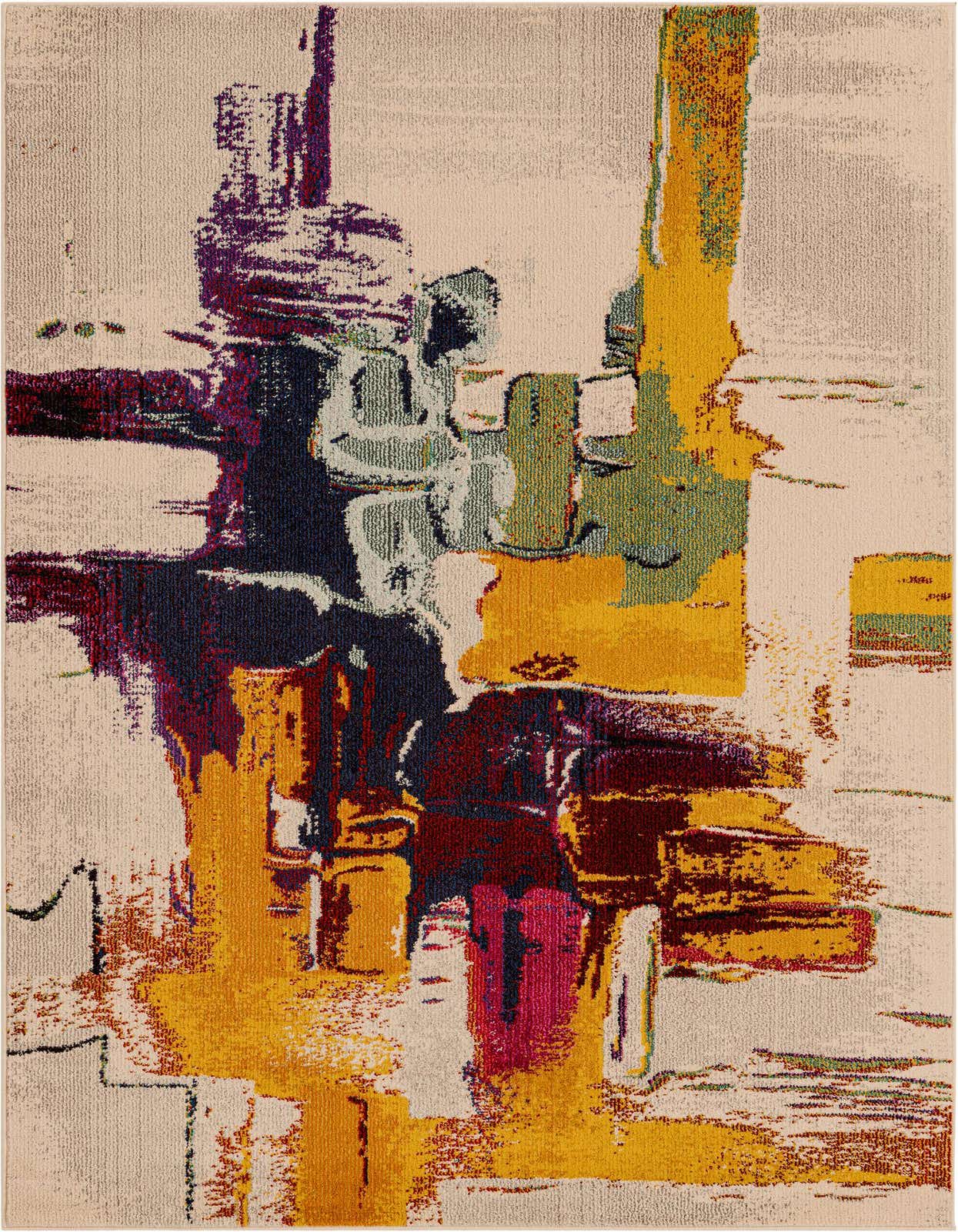 A 5x8 rectangular modern abstract rug featuring a vibrant blend of gold, maroon, purple, and green brushstrokes on an ivory background.