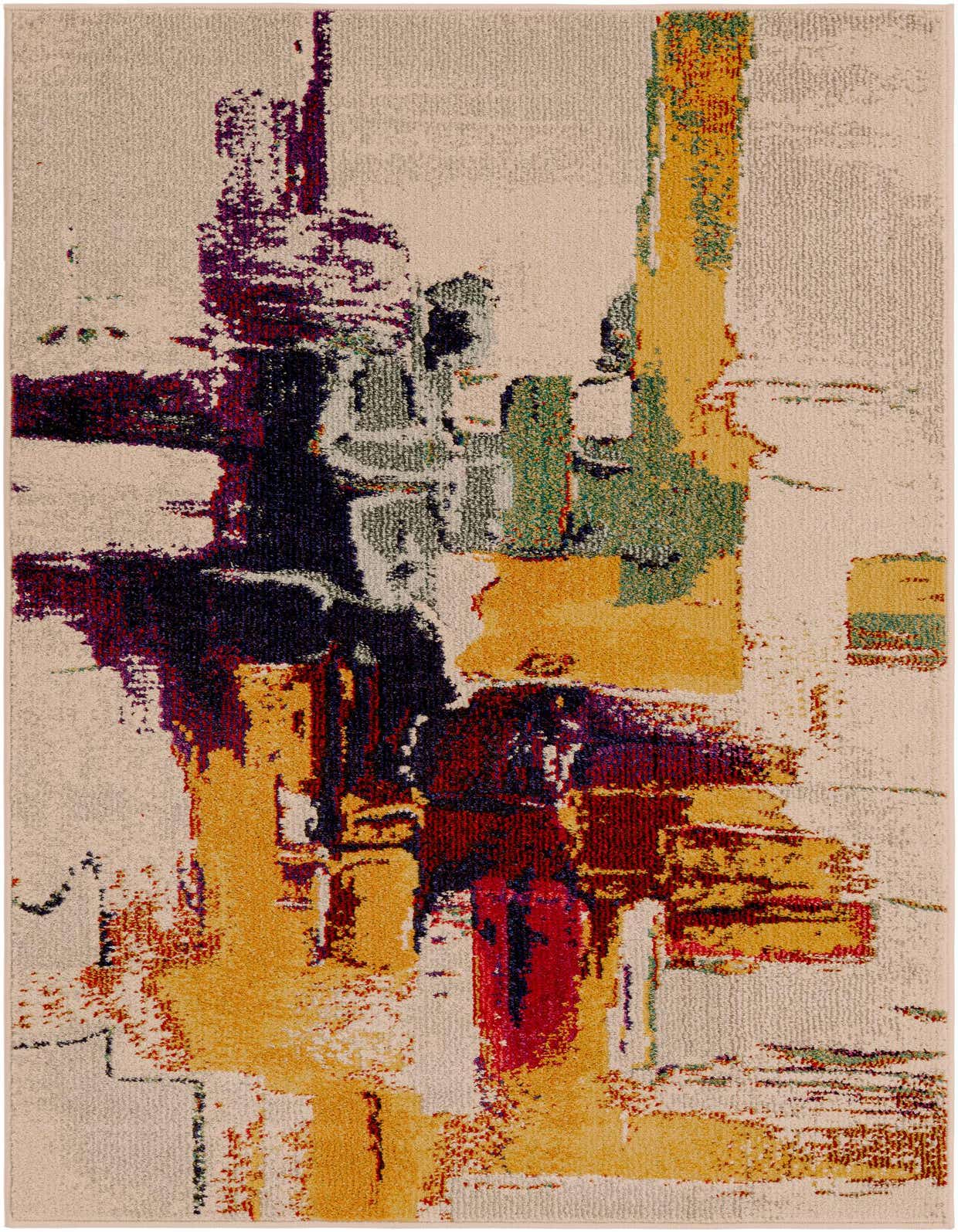 A 3x5 rectangular Rugs.com Hyacinth rug with an abstract pattern in brown, cream, gold, red, purple, and green tones.