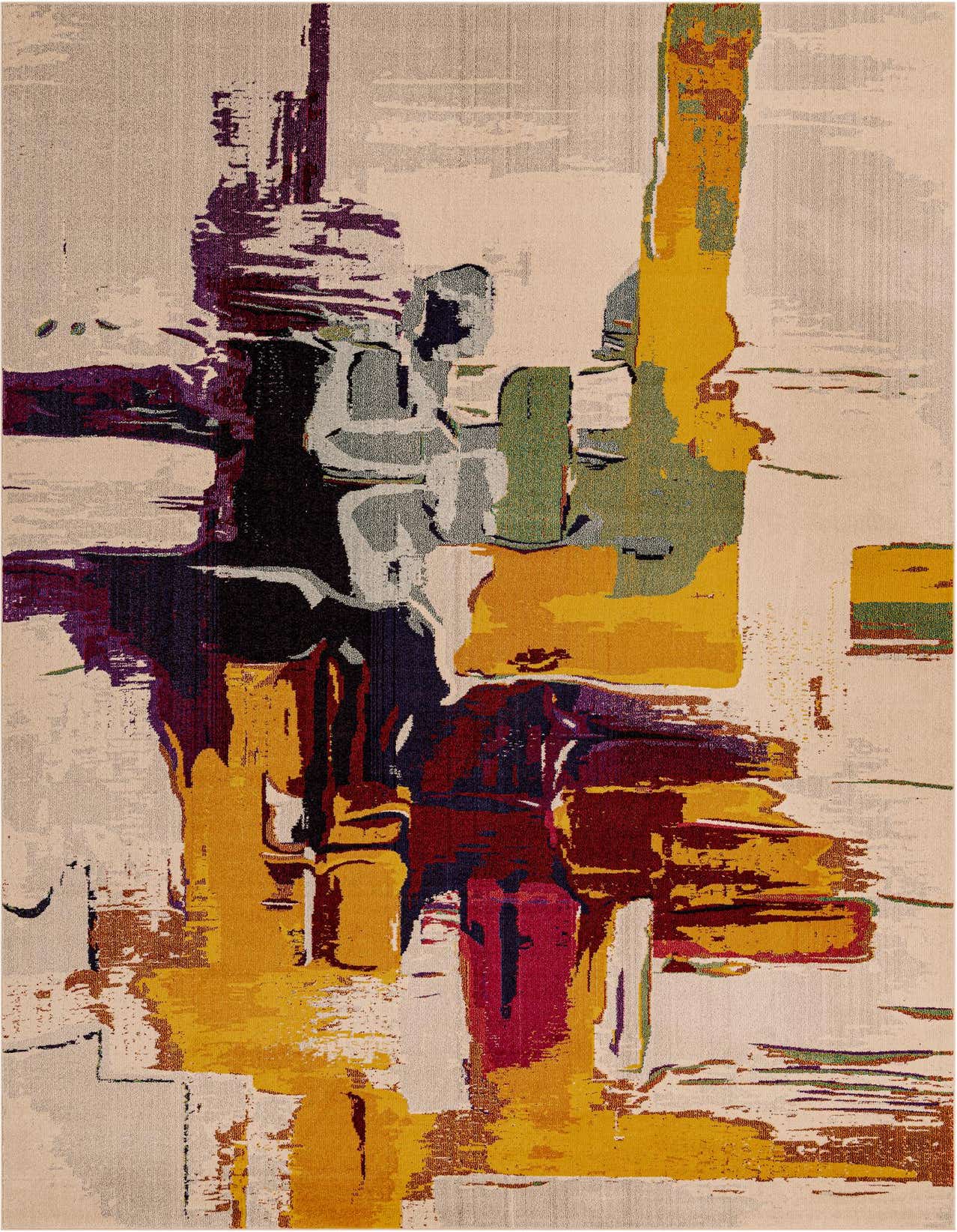 A rectangular modern abstract rug featuring bold brushstrokes in brown, tan, ivory, yellow, purple, and green, perfect for a living room.