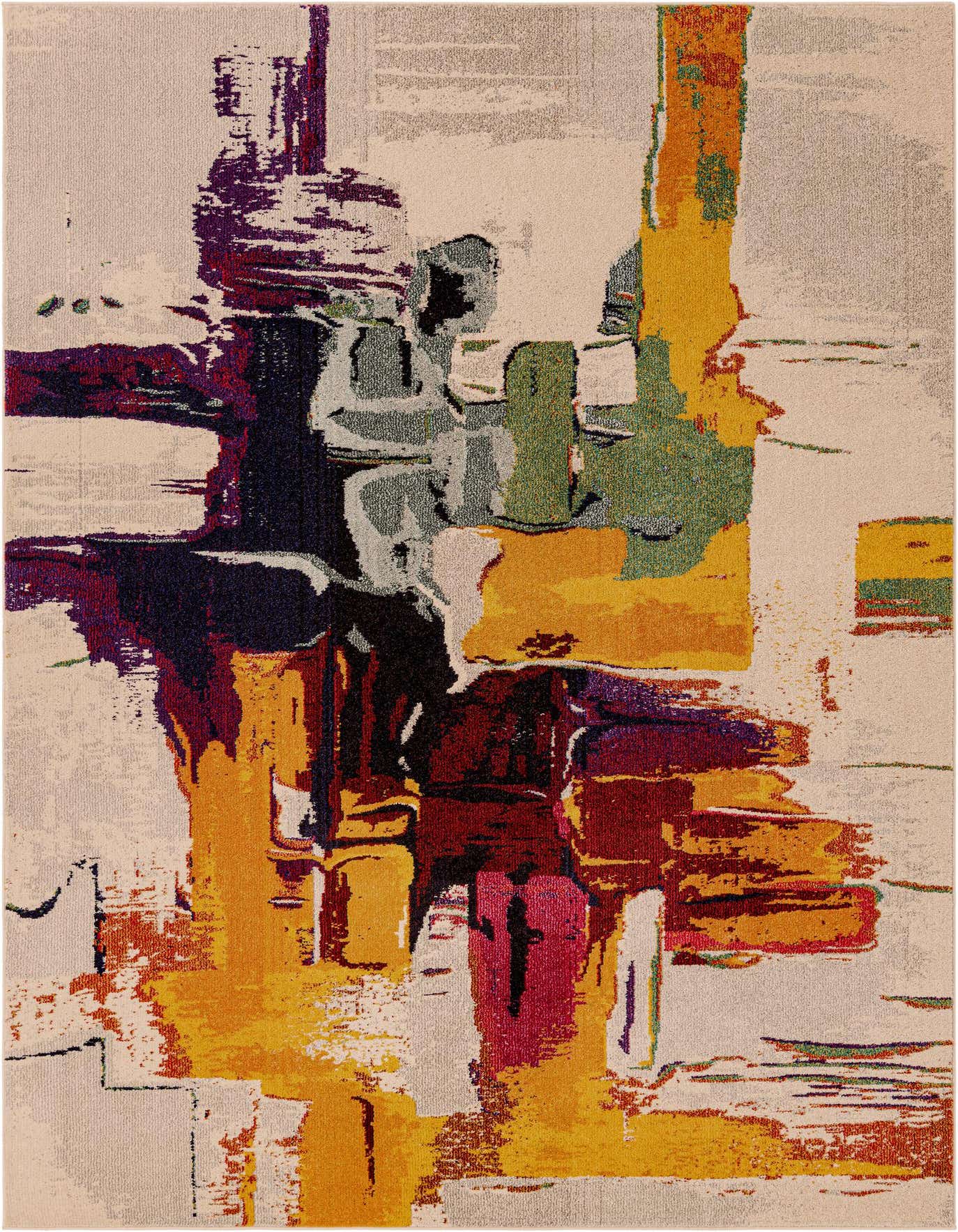 A 7x10 rectangular Hyacinth rug featuring a modern abstract pattern with brushstrokes of brown, tan, cream, yellow, purple, and green.