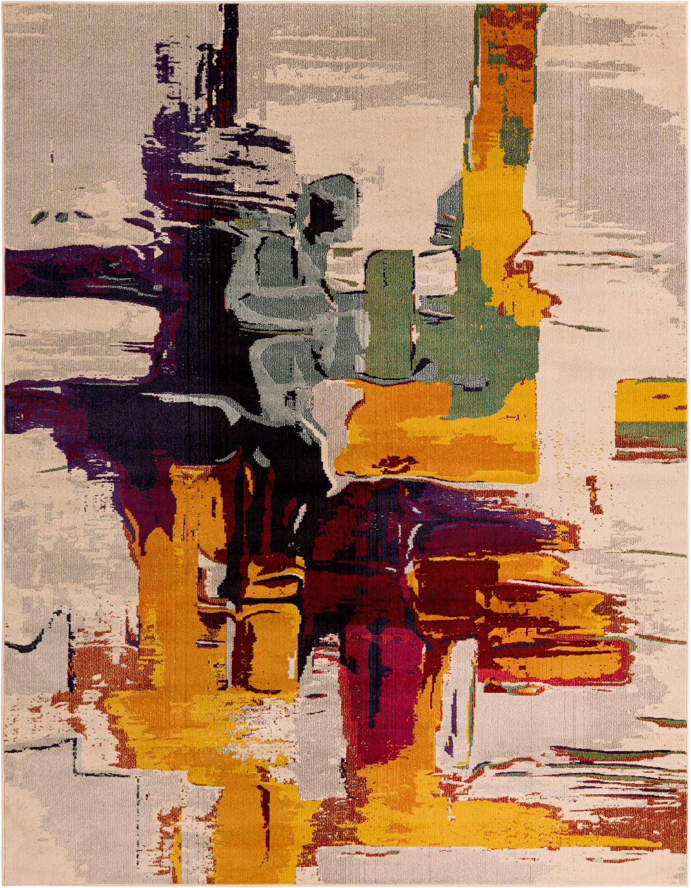 A rectangular 8x11 modern abstract rug with a vibrant pattern of brushstrokes in brown, tan, ivory, gold, purple, and green.