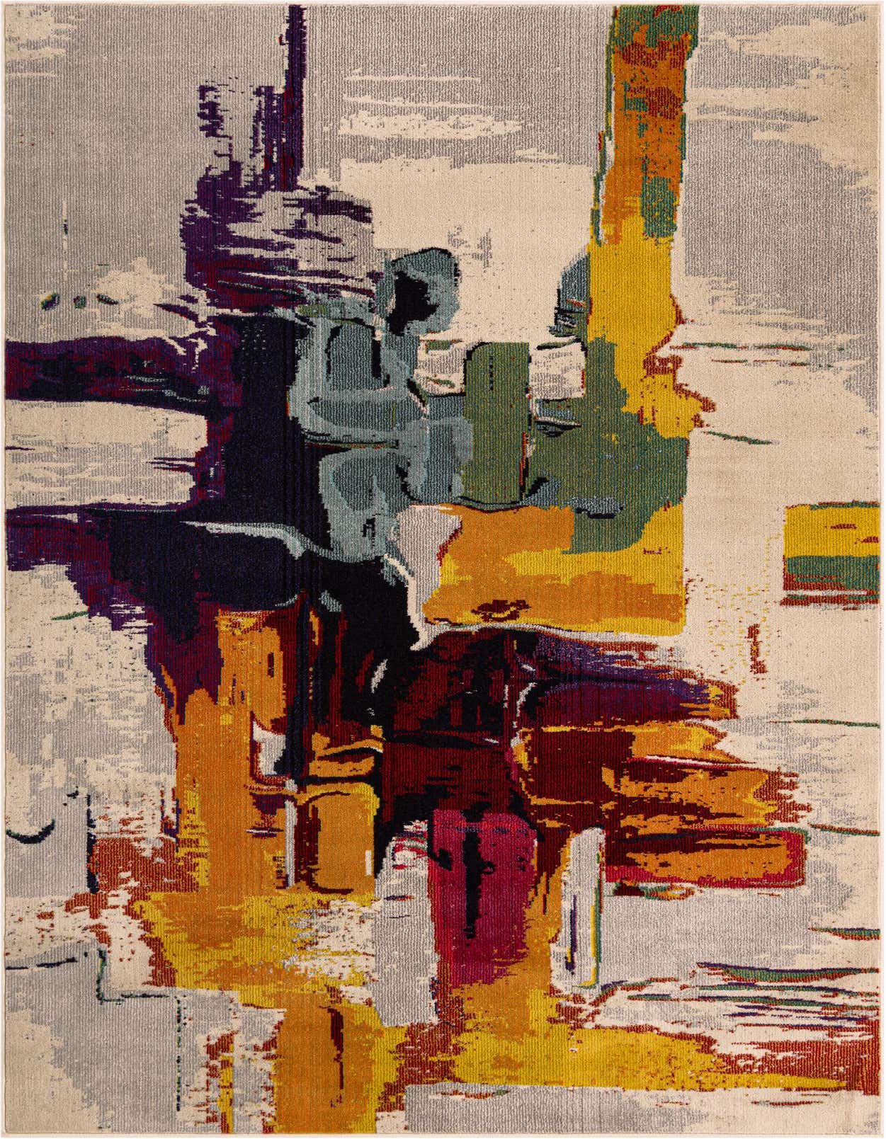 A 6x9 rectangular Rugs.com Hyacinth rug featuring a vibrant abstract pattern with brushstrokes of brown, tan, ivory, gold, red, purple, and teal.