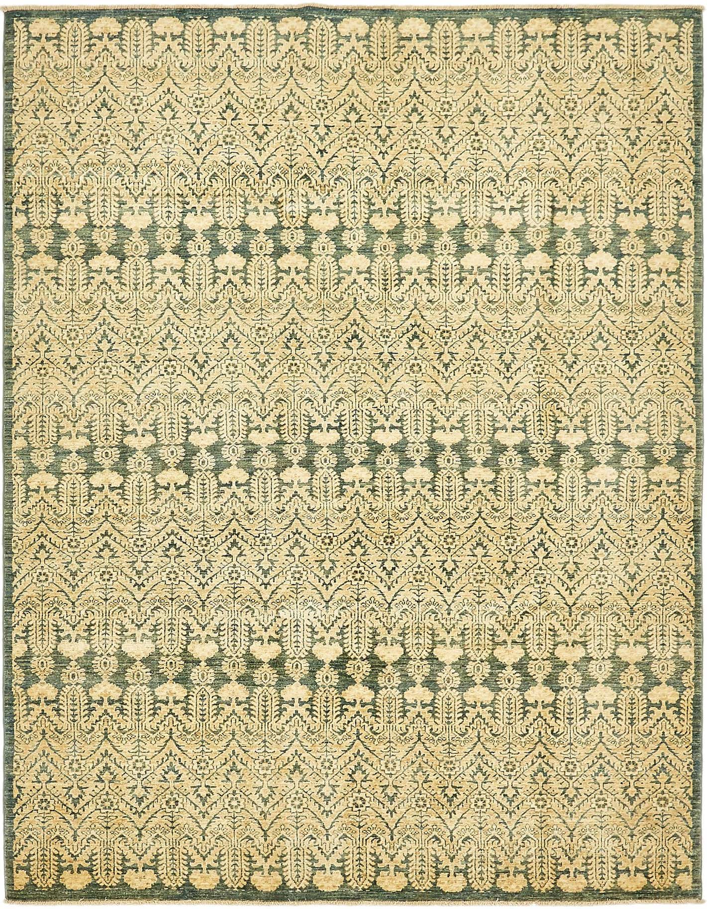 A 7x10 rectangular wool rug featuring an intricate transitional pattern in shades of brown, tan, and cream.