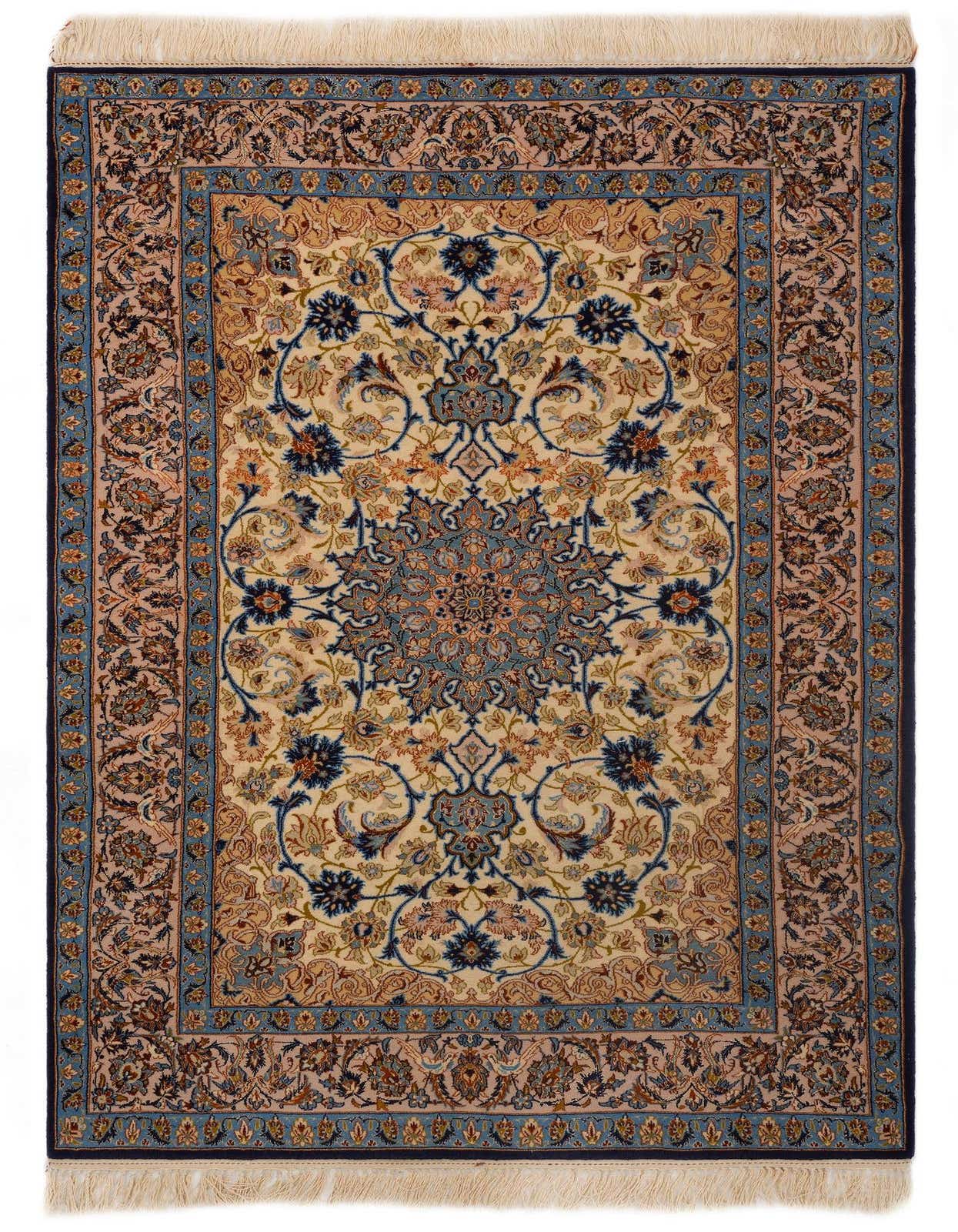 A 3x5 rectangular Persian Isfahan rug with an ivory and tan field, intricate floral motifs, and a blue and brown border.