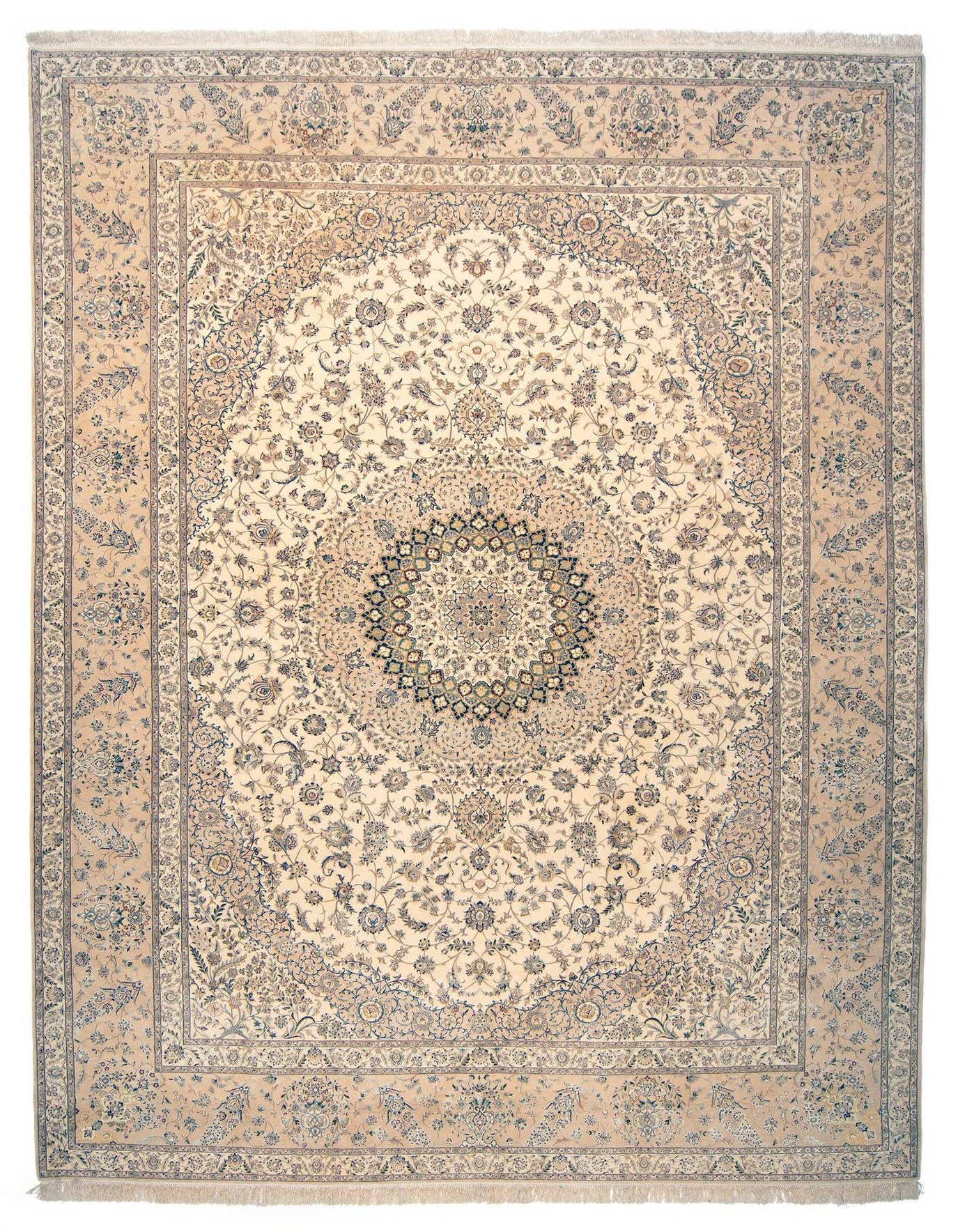 A 10x14 rectangular Persian Isfahan rug with a central medallion, featuring intricate floral patterns in shades of brown, tan, and cream.