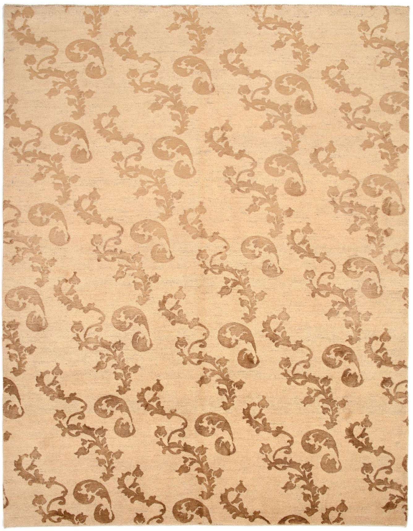 A 5x8 rectangular Isfahan rug featuring a repeating floral and paisley pattern in shades of brown and tan on a cream background.