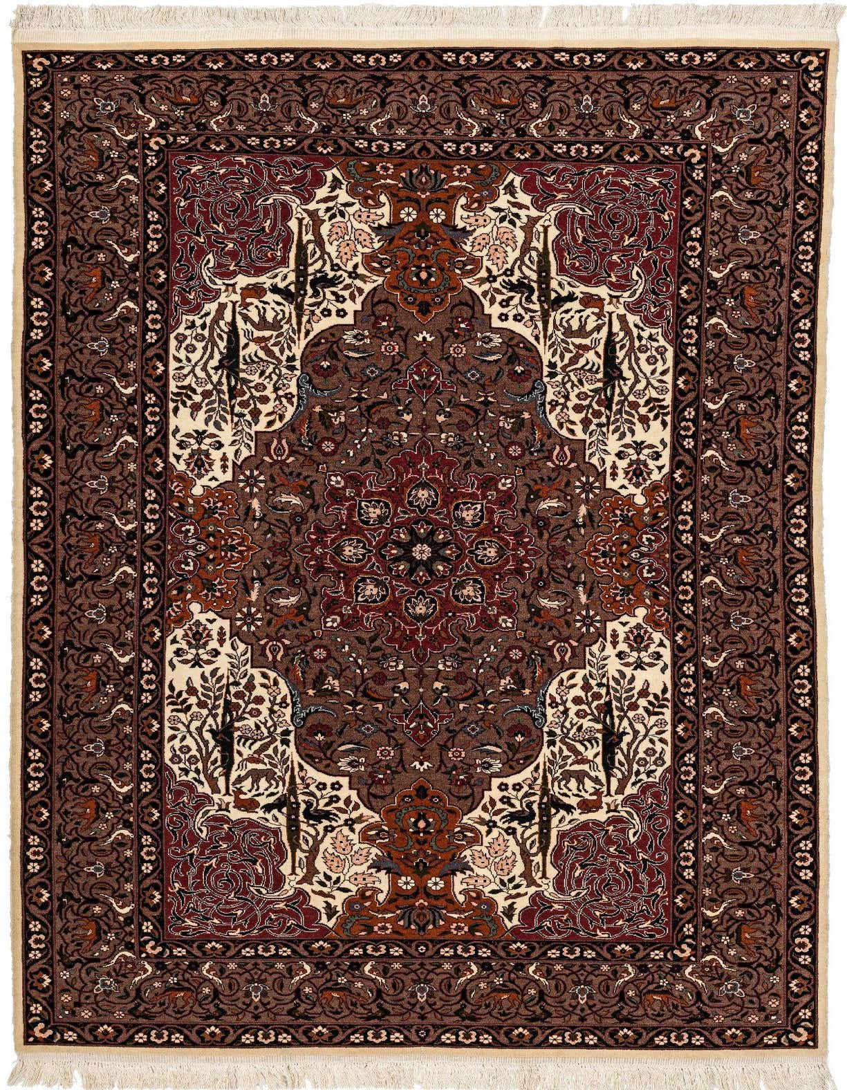 A 3x5 rectangular handmade Isfahan rug featuring a complex traditional pattern in browns, tans, ivories, and creams, with a central medallion and ornate floral and animal motifs.