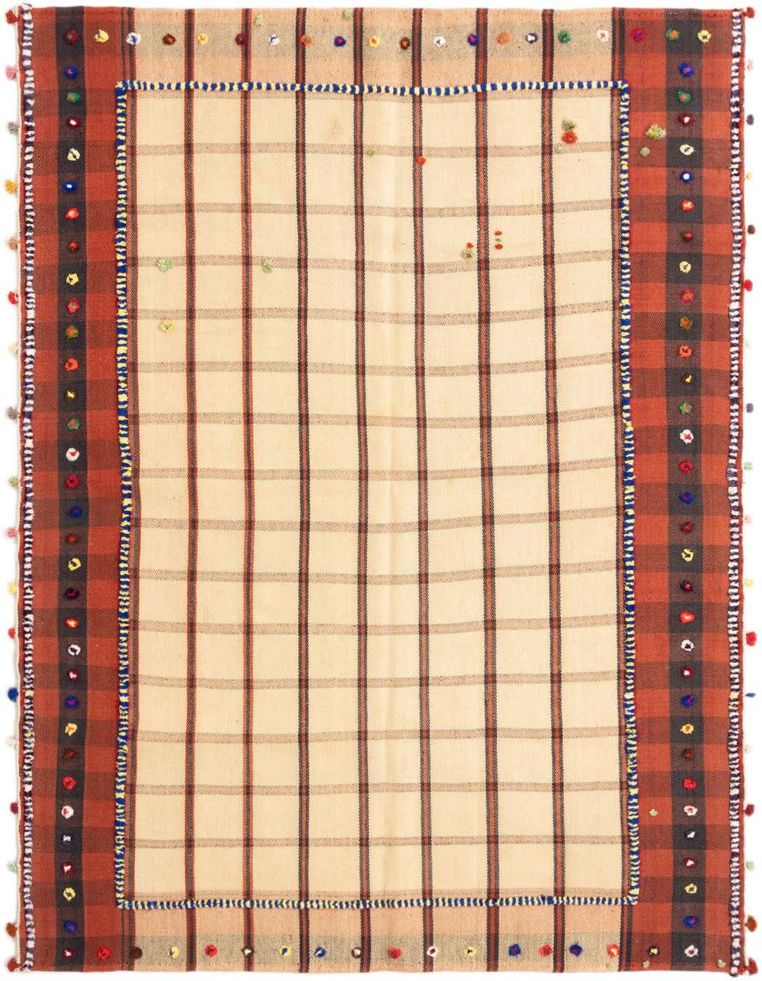 A 4x6 rectangular Jajim wool rug featuring a cream center with thin brown plaid lines, bordered by a wider rust and brown striped pattern with colorful pom-pom accents.