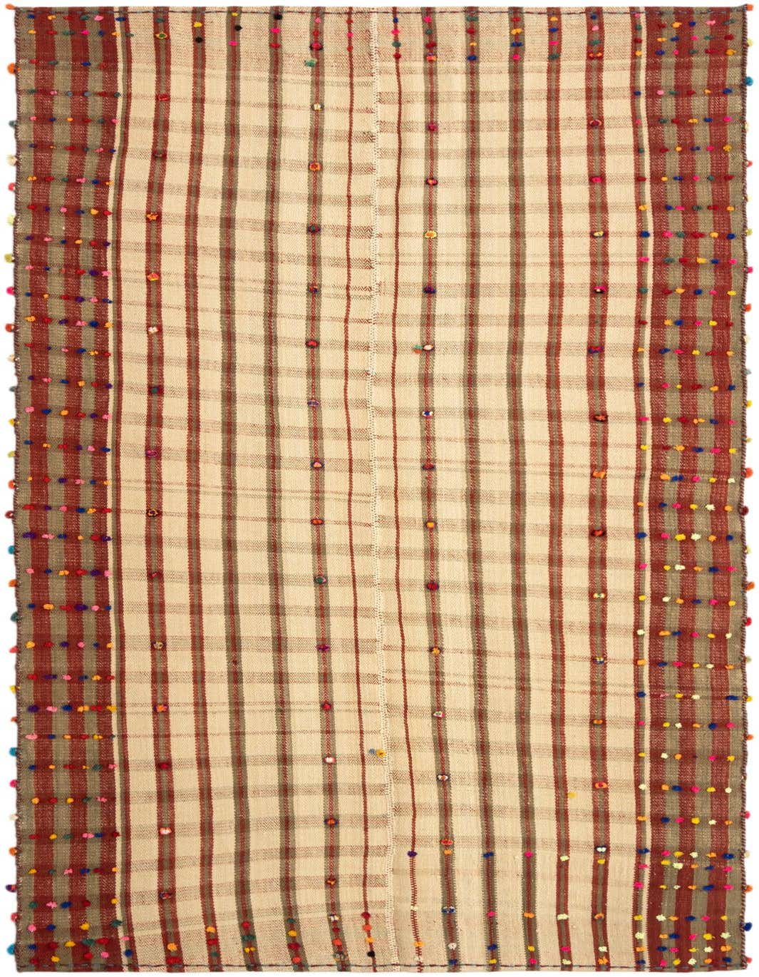 A 5x8 rectangular Jajim wool rug featuring brown, tan, and cream stripes with colorful pom-pom accents.