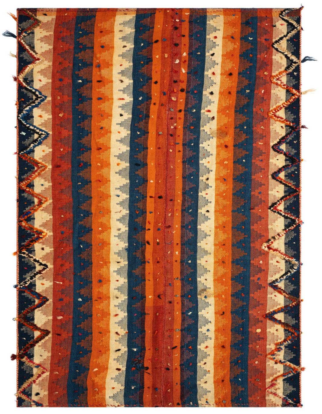 A 4x6 rectangular Jajim rug with vertical stripes in varying shades of brown, tan, cream, and deep blue, featuring a textured Persian pattern and decorative zigzag borders.