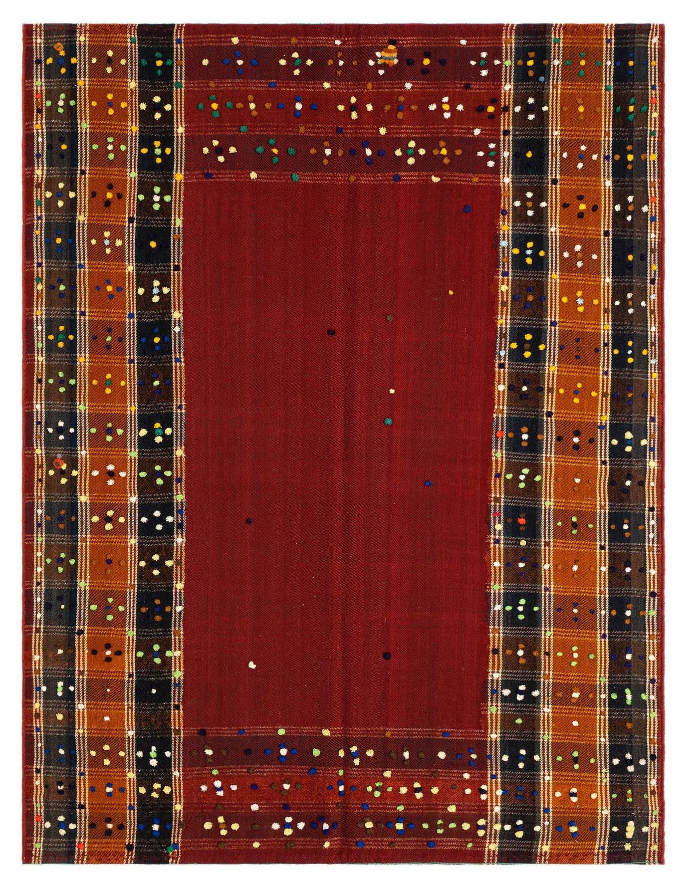 A 4x6 rectangular Jajim rug featuring a deep red center panel framed by brown, tan, and black plaid borders with colorful dot accents.