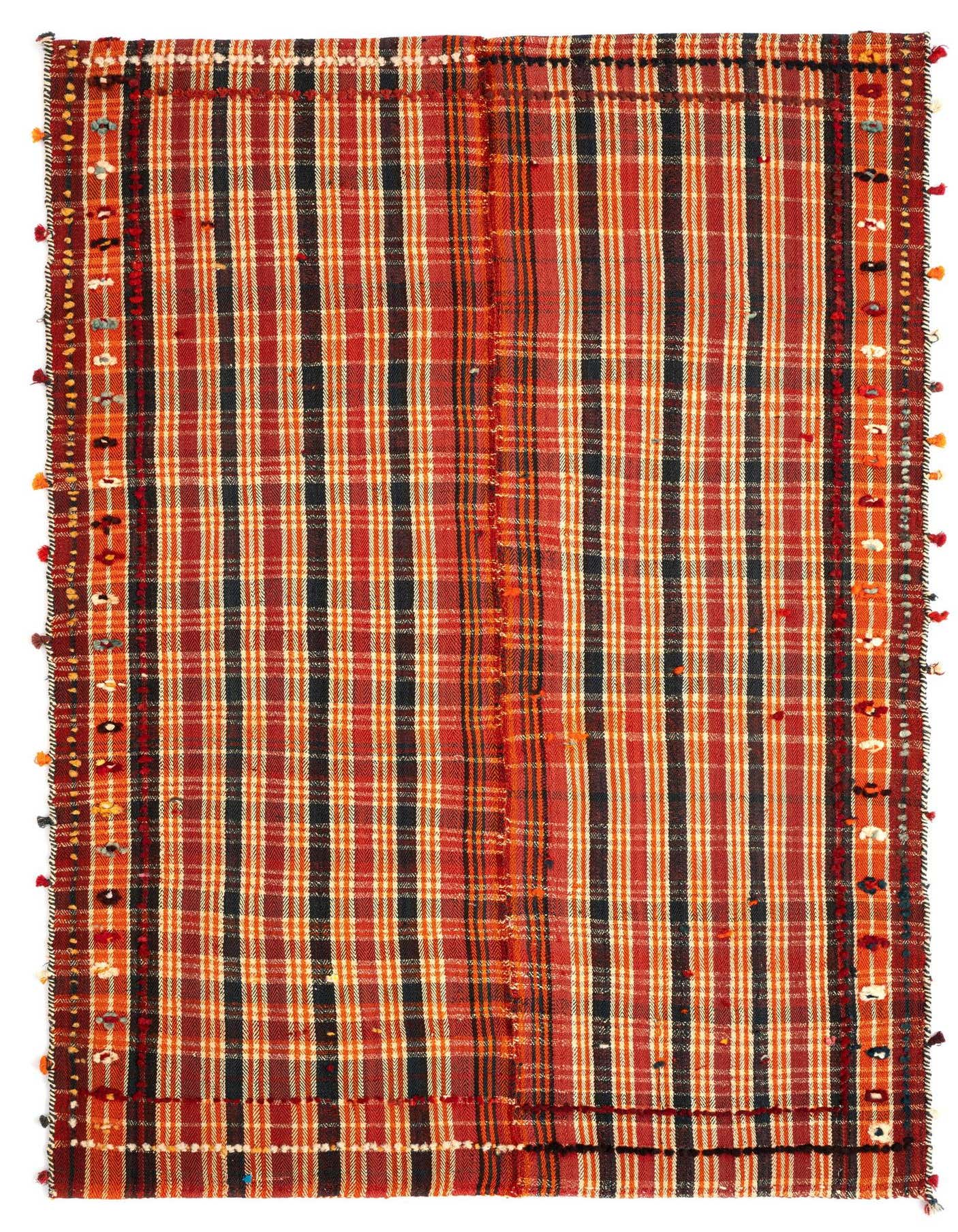 A 5x8 rectangular Jajim wool rug with a Persian plaid pattern in warm browns, tans, and creams, featuring decorative tassels along the sides.