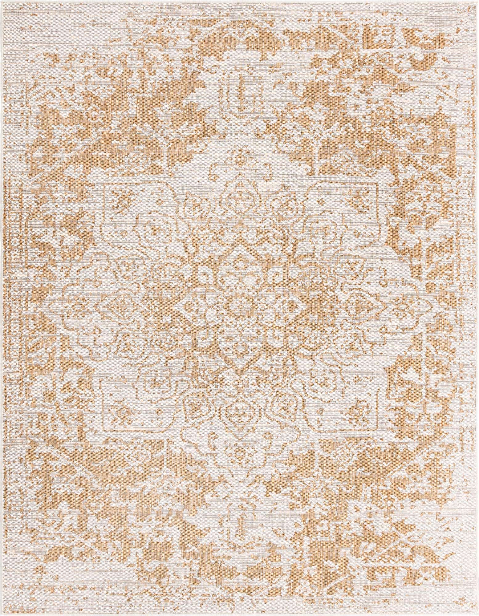 An 8x10 rectangular Jill Zarin Outdoor rug featuring a distressed brown and ivory Mediterranean medallion pattern.