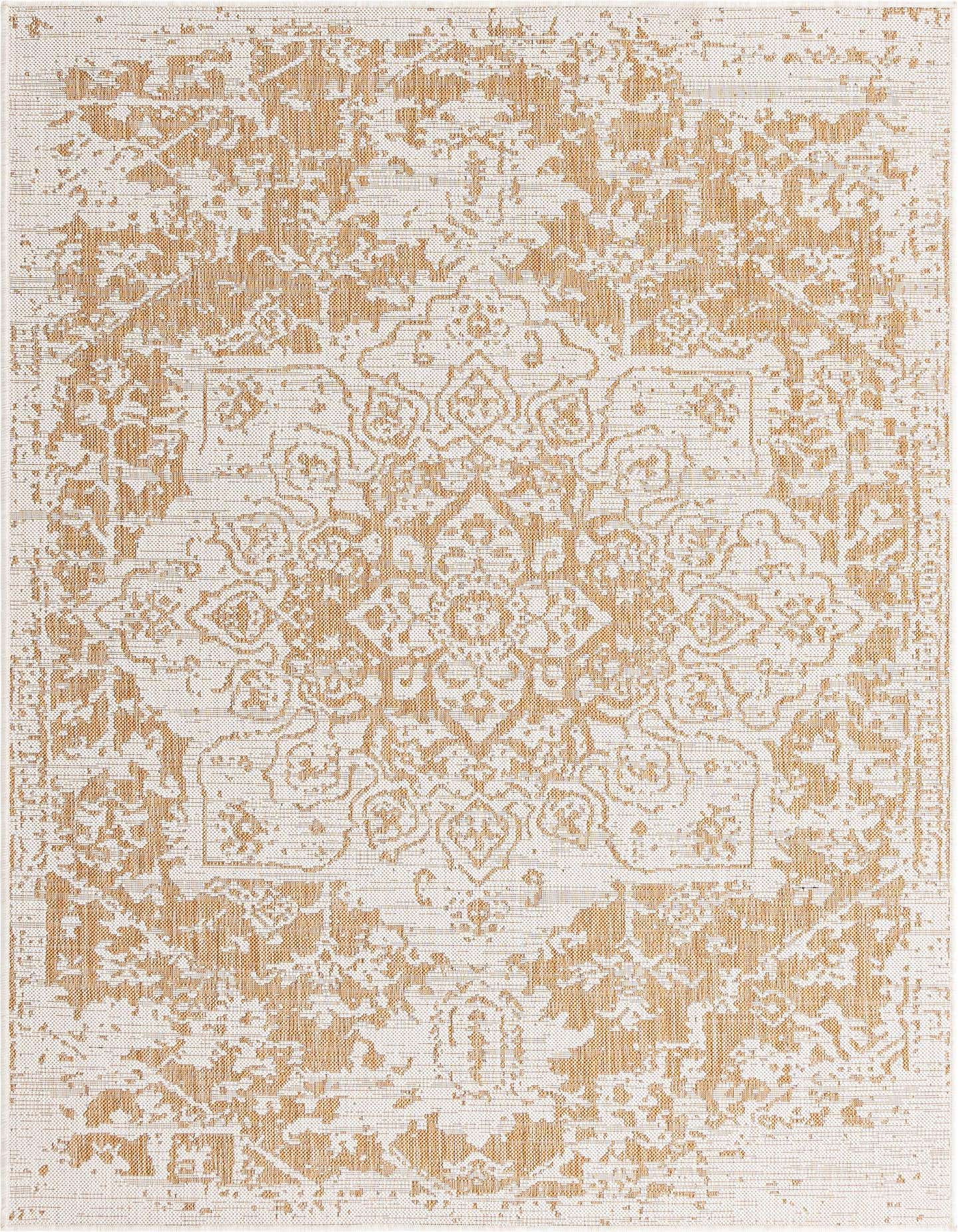A 5x8 rectangular Jill Zarin Outdoor rug featuring a distressed medallion pattern in brown and cream, suitable for indoor or outdoor spaces.