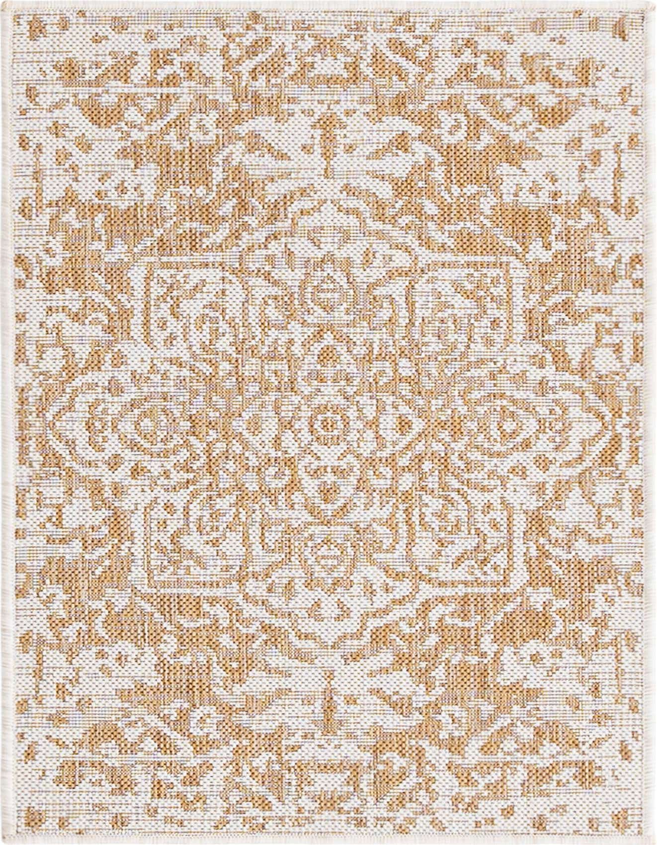 A 2x3 rectangular Jill Zarin Outdoor rug in brown and ivory with a textured Mediterranean medallion pattern.