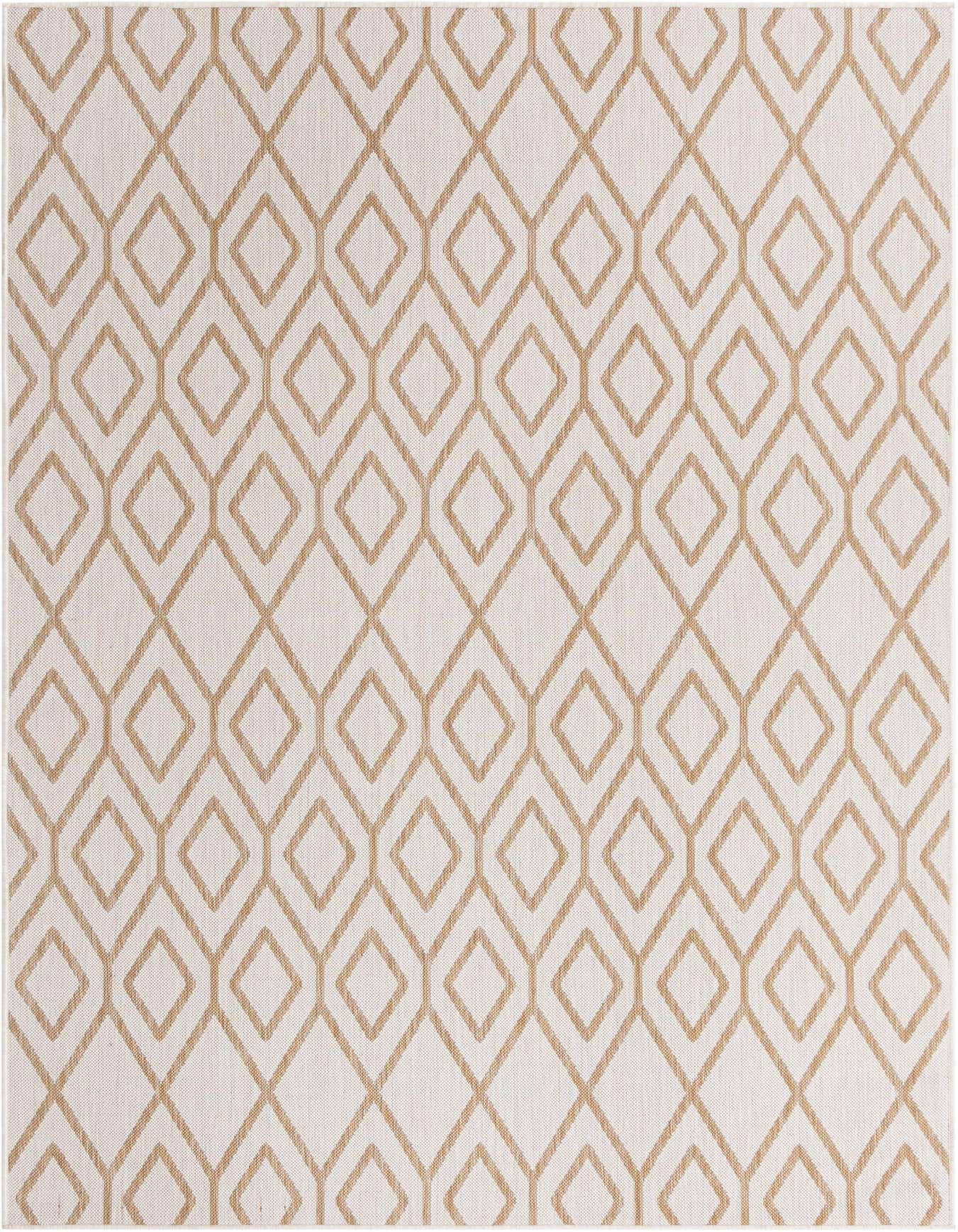 A 6x9 rectangular indoor/outdoor rug featuring a repeating diamond trellis pattern in brown on an ivory background.