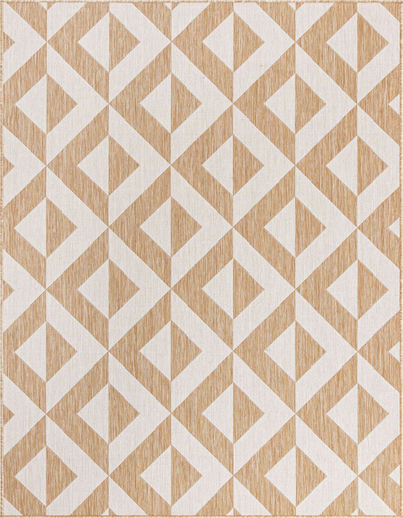 A 6x9 rectangular Jill Zarin Outdoor rug featuring a repeating geometric trellis pattern in brown and cream, suitable for indoor or outdoor use.