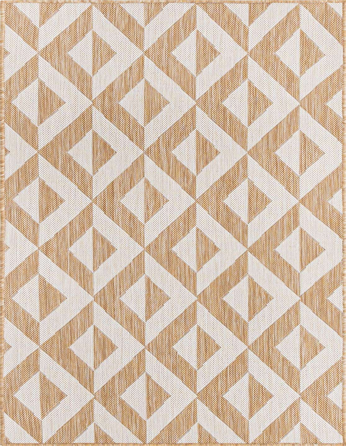 A 3x5 rectangular Jill Zarin Outdoor rug featuring a modern geometric trellis pattern in brown and ivory tones.