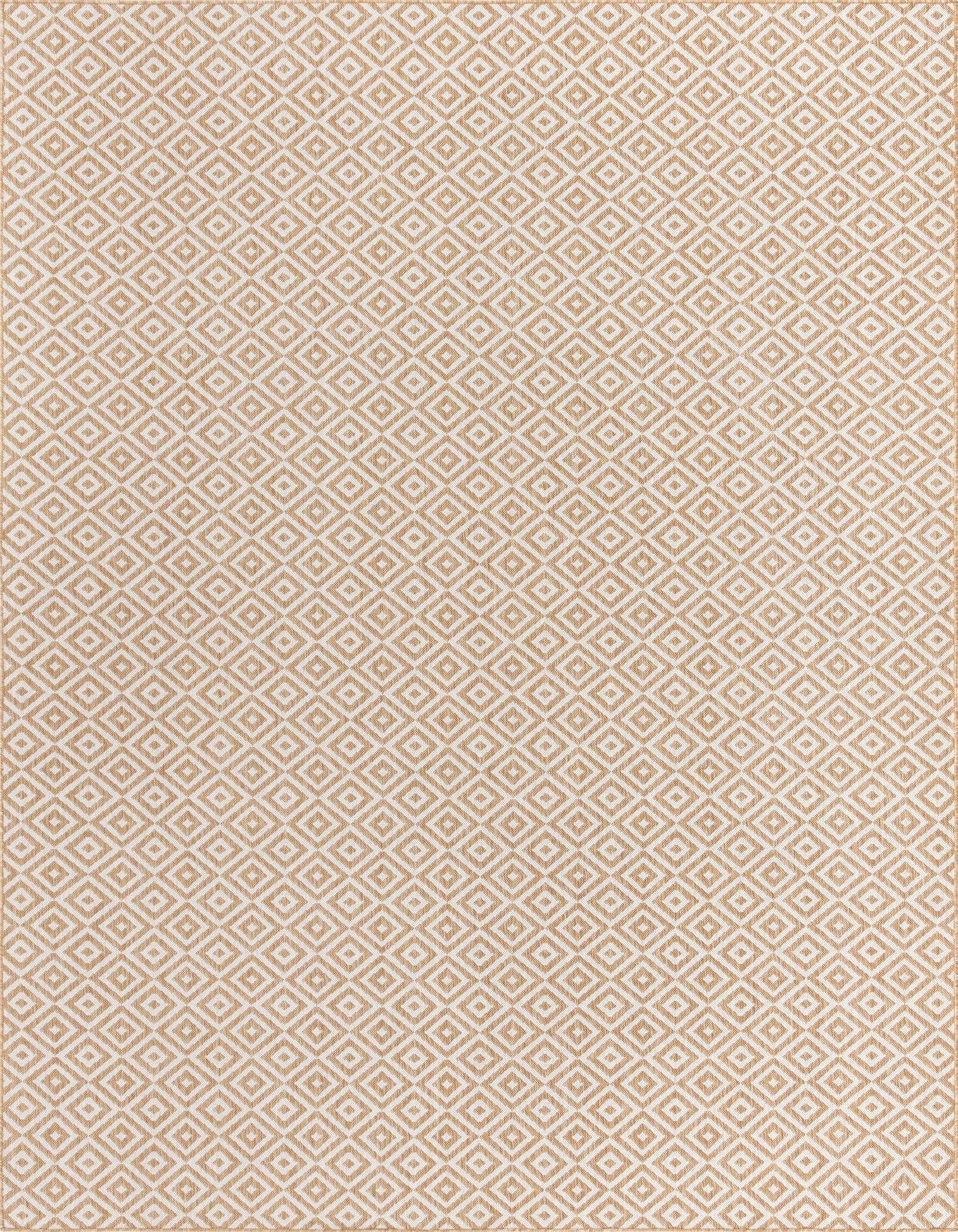 A 9x12 rectangular Jill Zarin Outdoor rug featuring a repeating ivory geometric trellis pattern on a warm brown background.