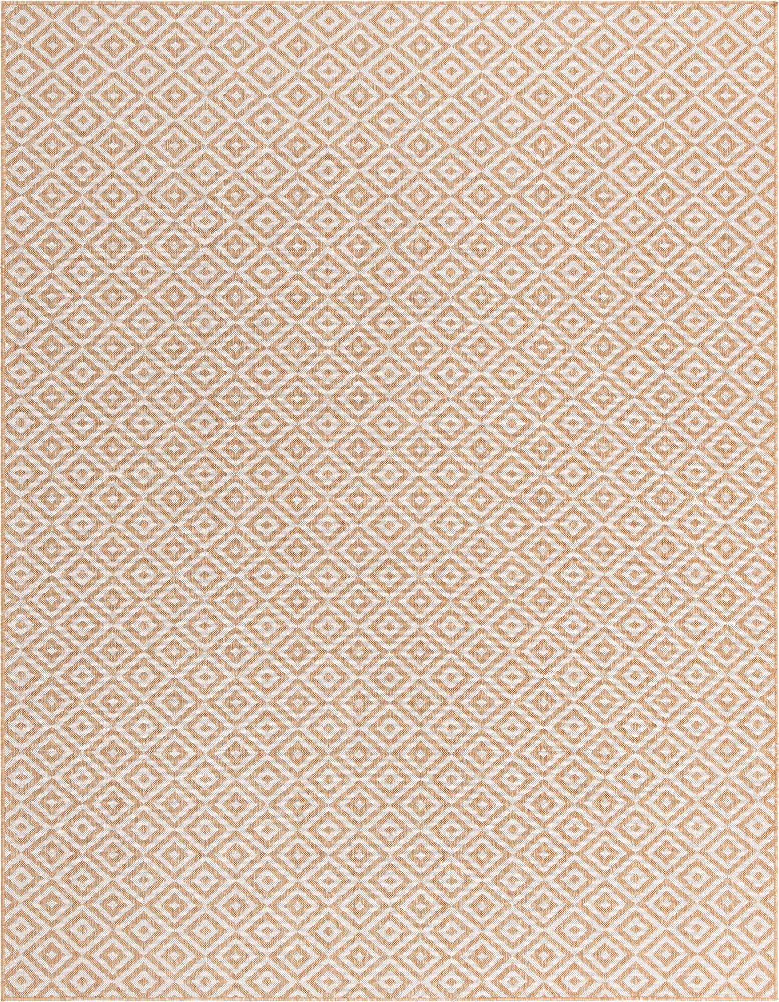 An 8x10 rectangular Jill Zarin Outdoor rug featuring a repeating geometric trellis pattern in brown and ivory.