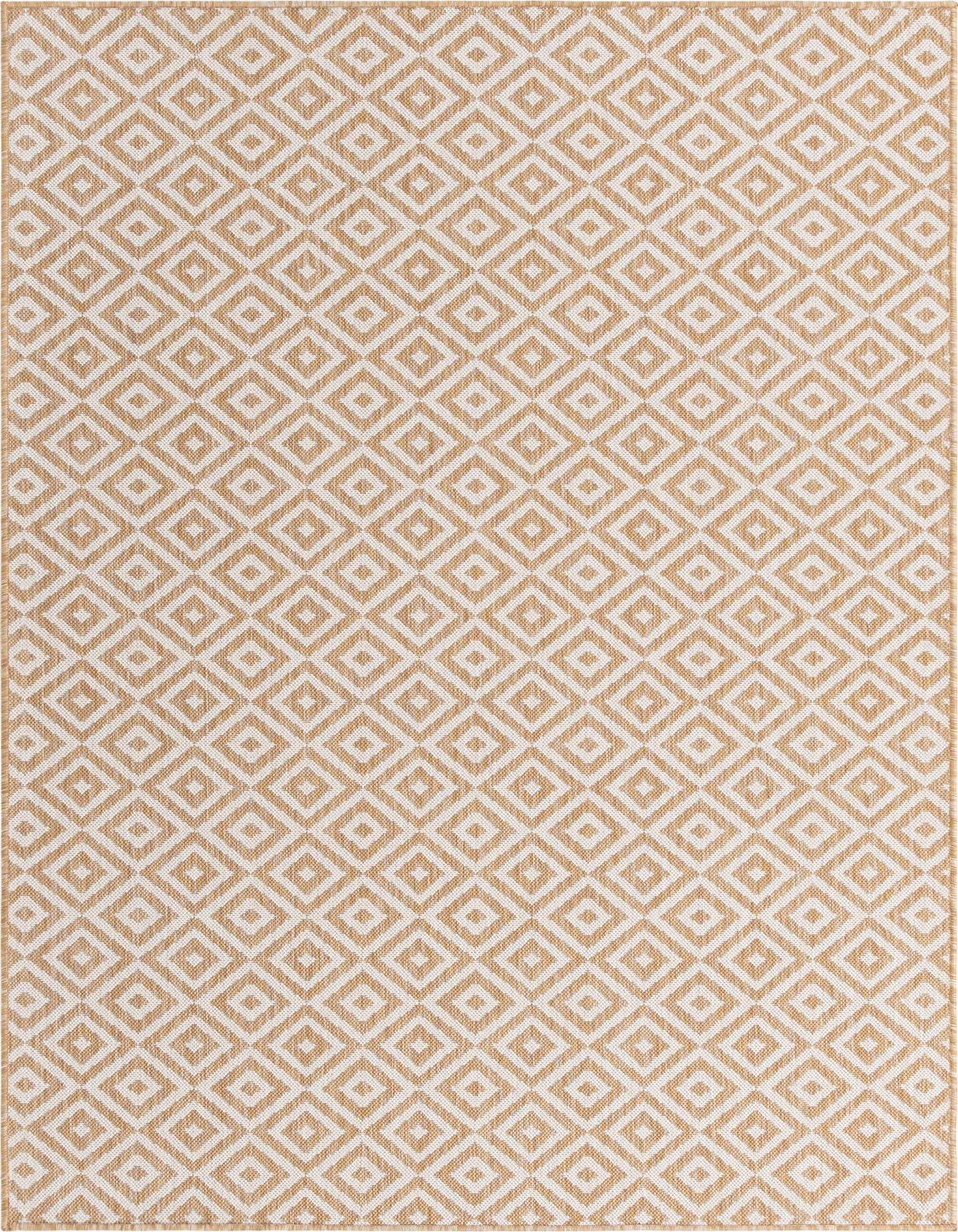 A 5x8 rectangular Jill Zarin Outdoor rug featuring a repeating diamond trellis pattern in brown and ivory tones.