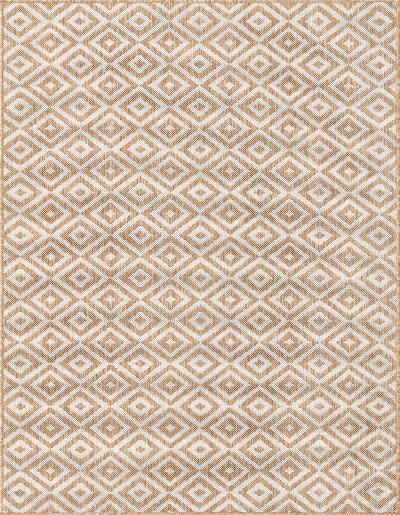 A 4x6 rectangular indoor/outdoor rug featuring a repeating diamond trellis pattern in brown and ivory tones.