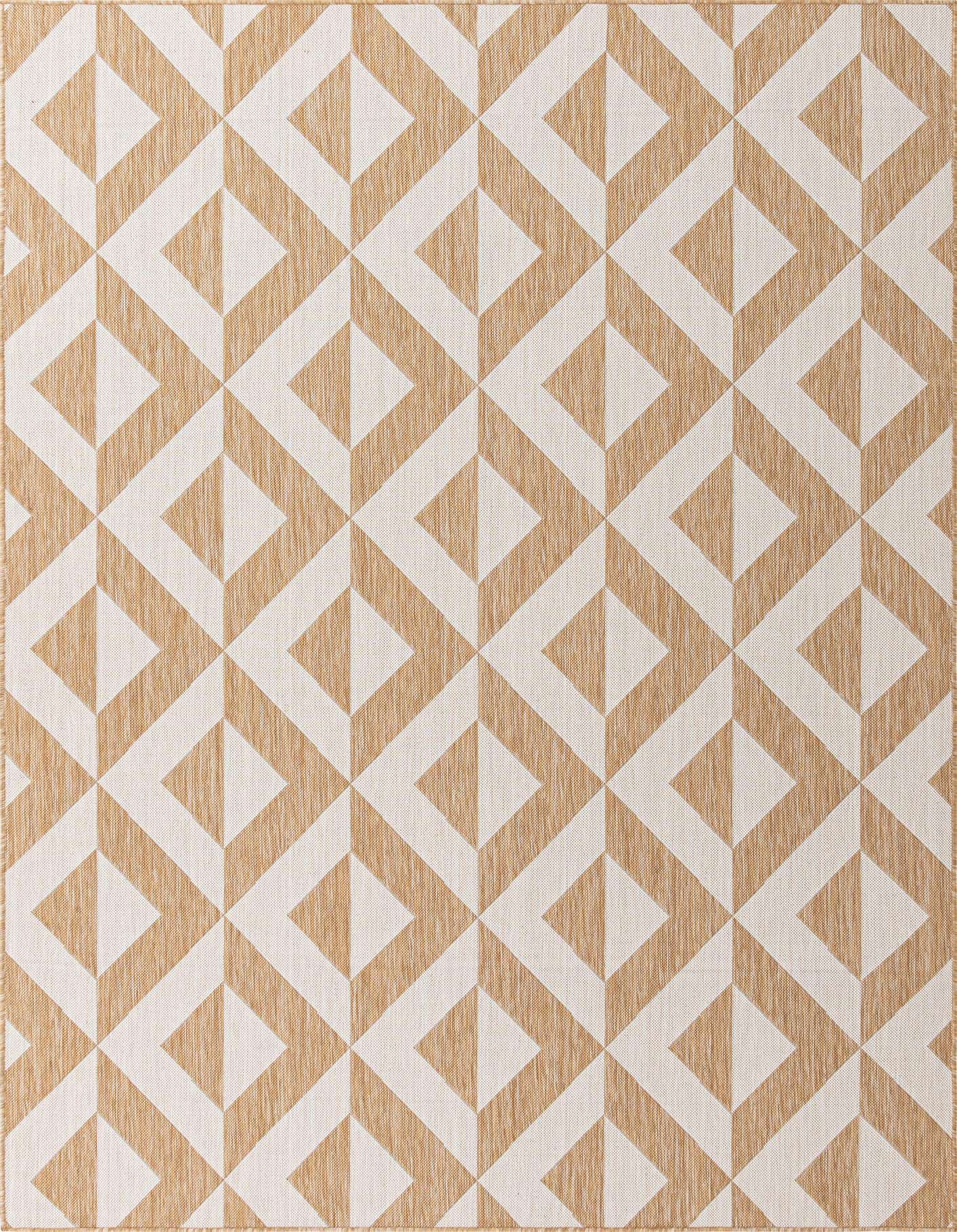 A 7x10 rectangular Jill Zarin Outdoor rug featuring a modern geometric trellis pattern in brown and cream tones.