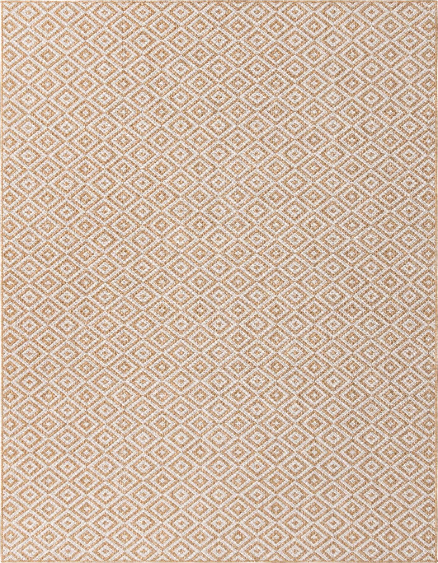 A 7x10 rectangular Jill Zarin Outdoor rug featuring a repeating diamond trellis pattern in tan and ivory, suitable for indoor or outdoor use.