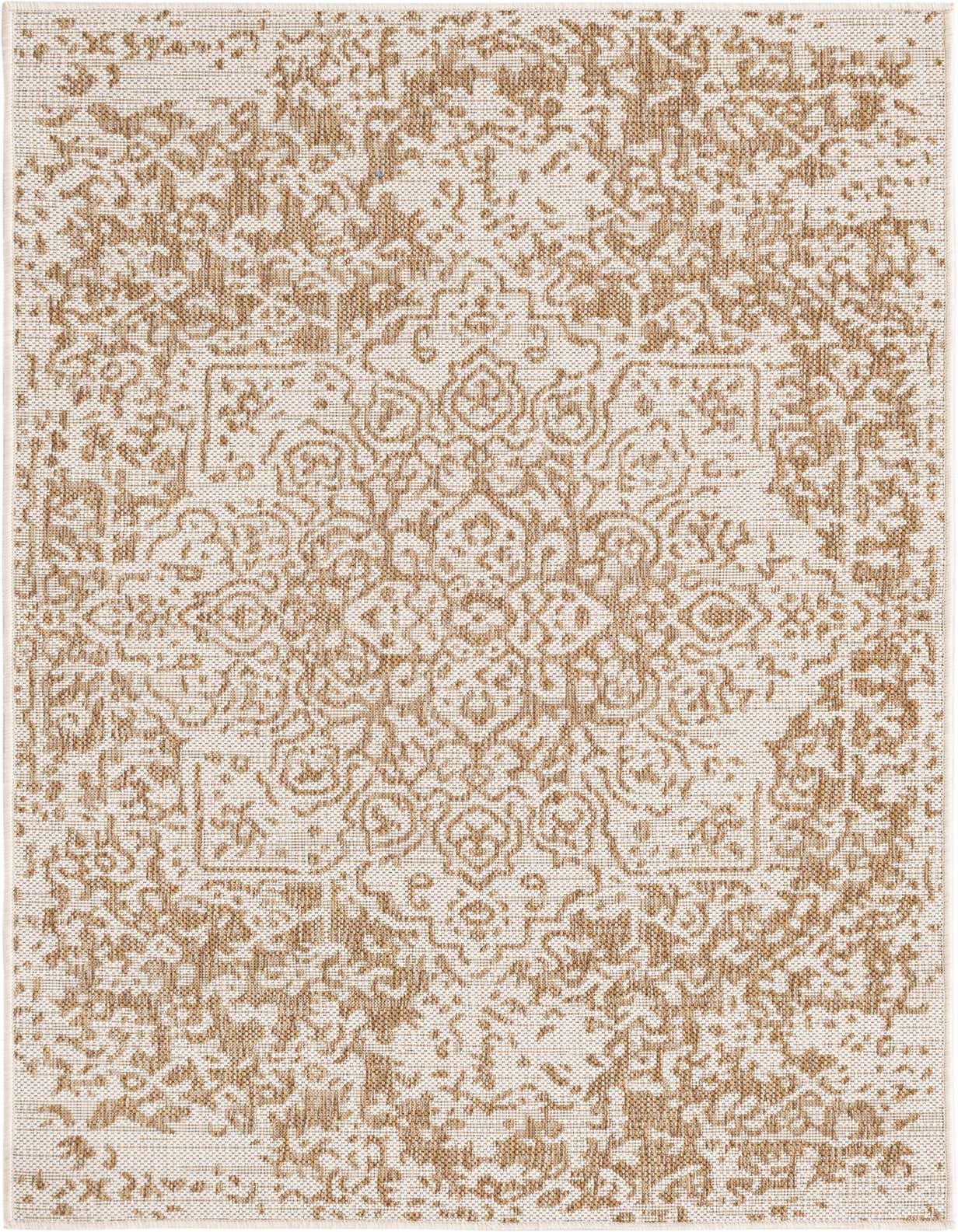 A 3x5 rectangular Jill Zarin Outdoor rug featuring a distressed traditional pattern in brown and ivory tones.