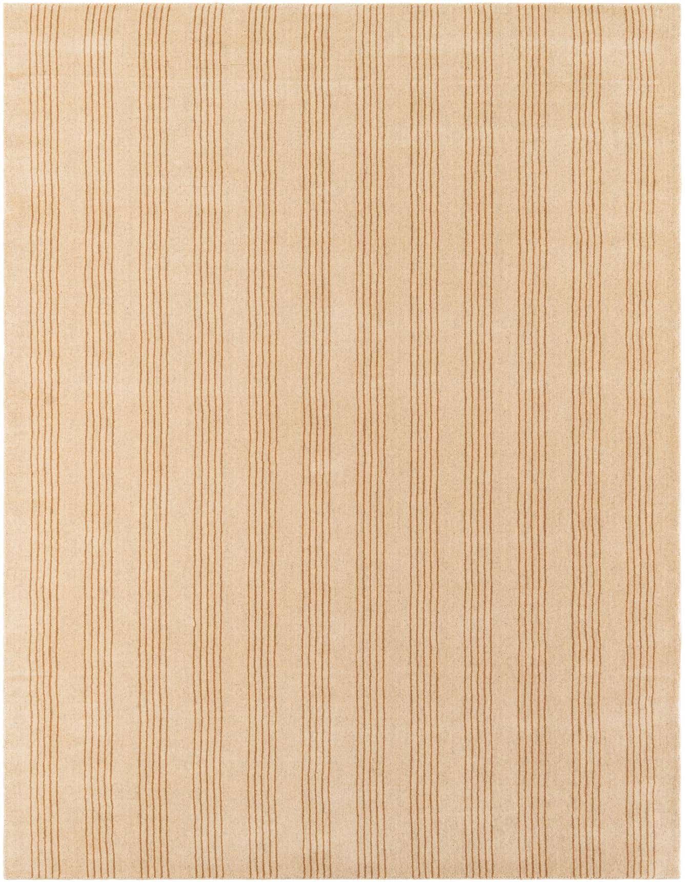 A 6x9 rectangular Jill Zarin Striped Wool rug featuring thin brown stripes on a cream background, suitable for a living room.