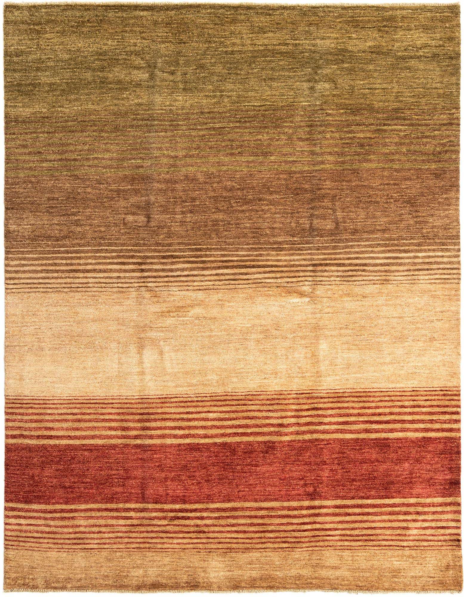 A rectangular 6x9 Juma wool rug featuring horizontal stripes in varying shades of brown, tan, and cream.