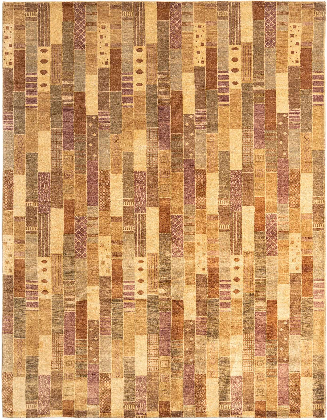 A 7x10 rectangular Juma Persian rug featuring a mosaic of brown, tan, ivory, and purple rectangular blocks with varied patterns.