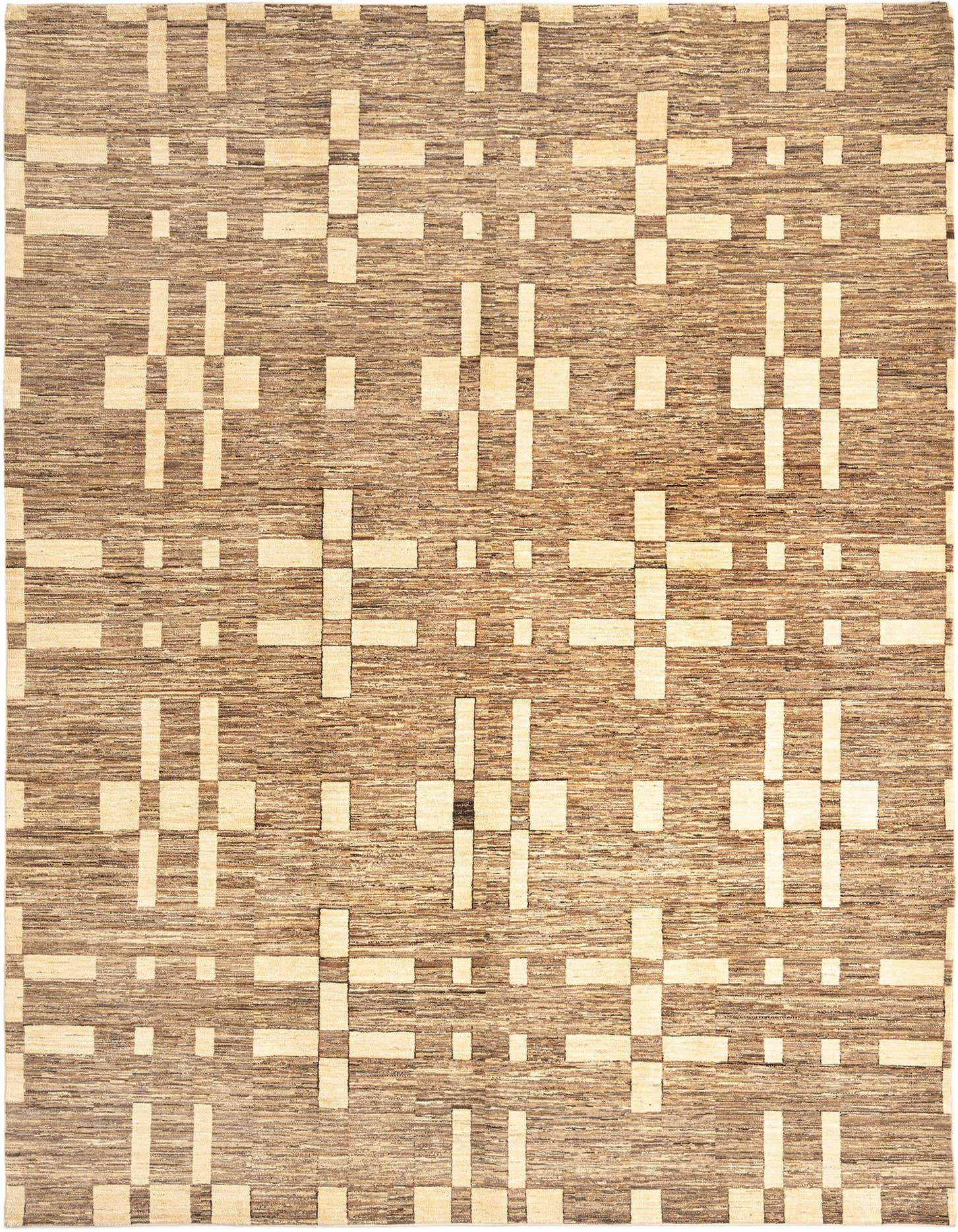 A rectangular 8x11 Juma rug with a geometric Persian pattern in shades of brown, tan, and cream.