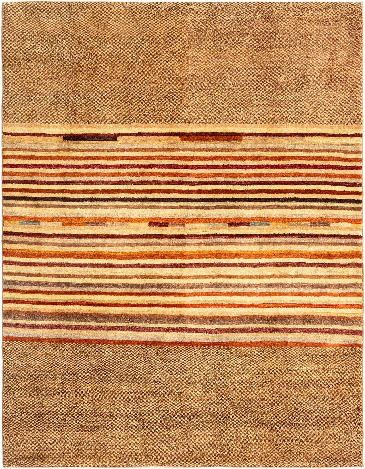 A 5x8 rectangular Juma Persian rug featuring a central stripe pattern in browns, tans, and ivories, flanked by solid tan wool sections.