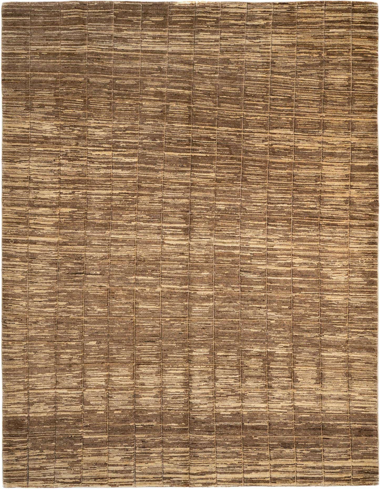 A 6x9 rectangular Juma Persian rug featuring a textured grid pattern in varying shades of brown, tan, and cream.