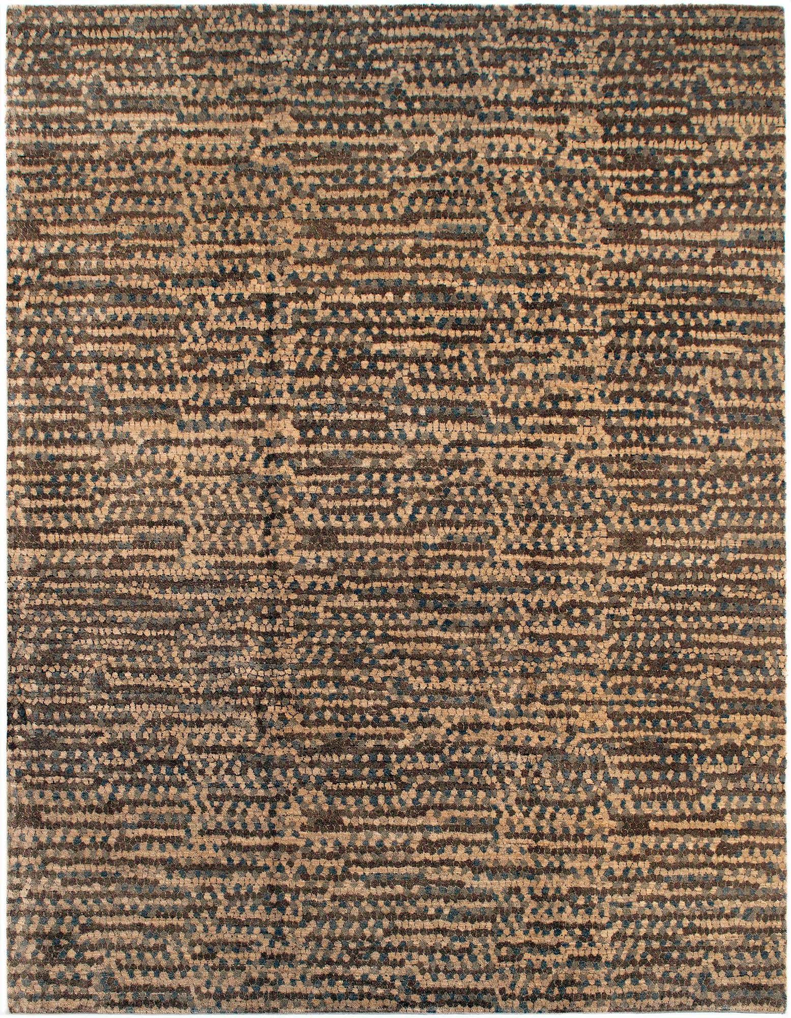 A rectangular 8x10 Juma Persian wool rug featuring an intricate pattern of browns, tans, and creams.
