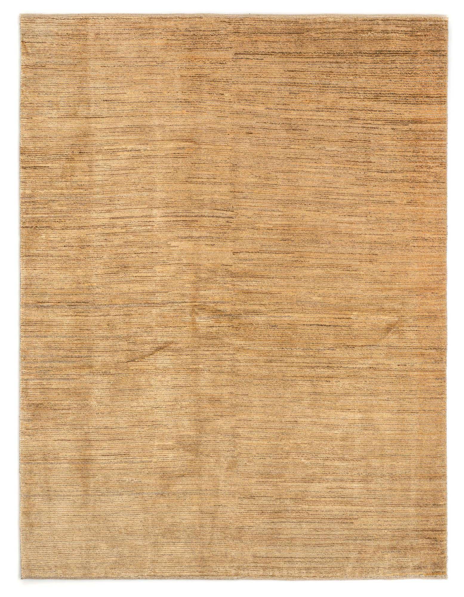 A 5x8 rectangular Juma Persian wool rug in varying shades of brown and tan, featuring a subtle striped texture.