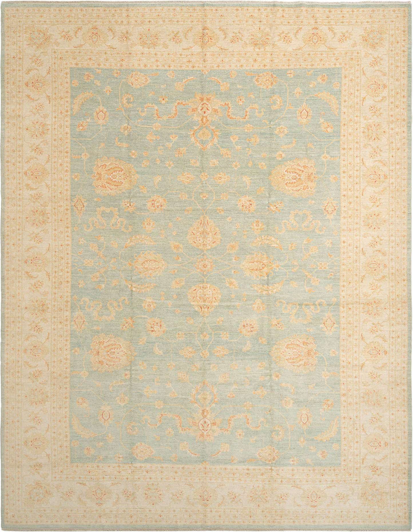 A large 12x16 rectangular Persian rug with a light blue-green field and an ivory border, featuring intricate floral and medallion patterns in shades of tan and cream.