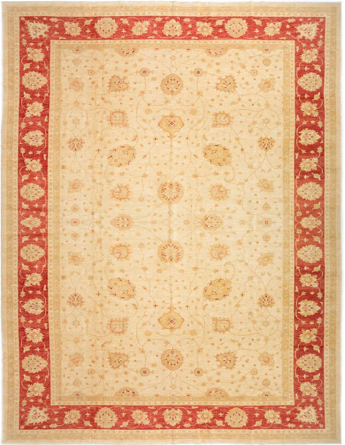 Oversized rectangular Persian rug with a cream field and intricate floral motifs, framed by a wide red border with complementary patterns.