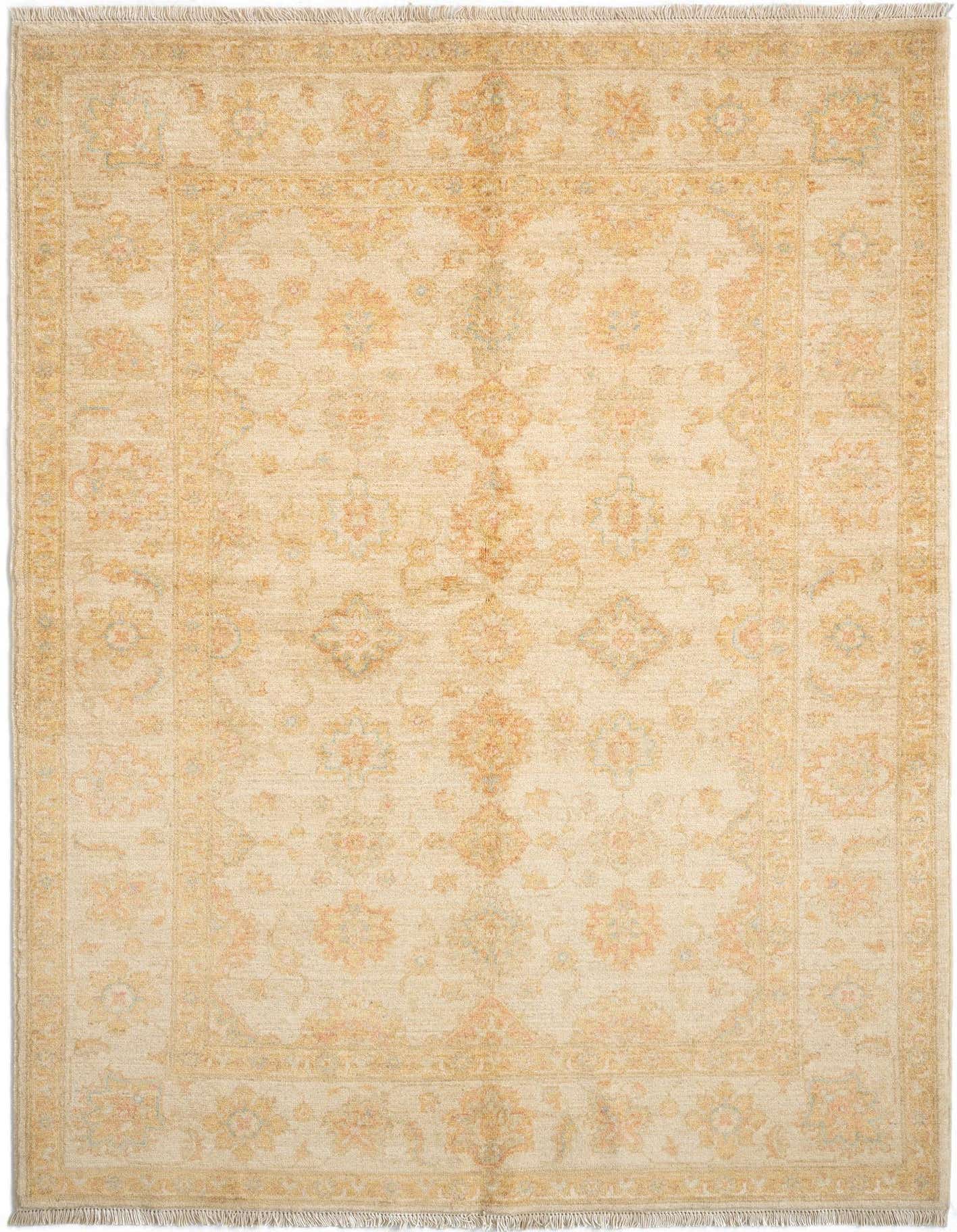 A rectangular 5x8 Kaizar Persian rug in warm browns, tans, and creams with a traditional floral pattern and fringe.