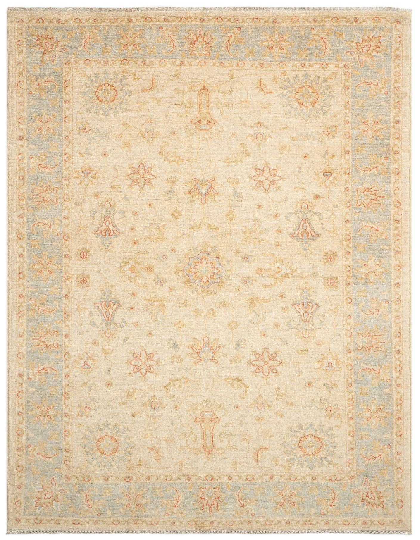 A 5x8 rectangular Kaizar Persian rug in cream and light blue, featuring intricate floral and medallion patterns.