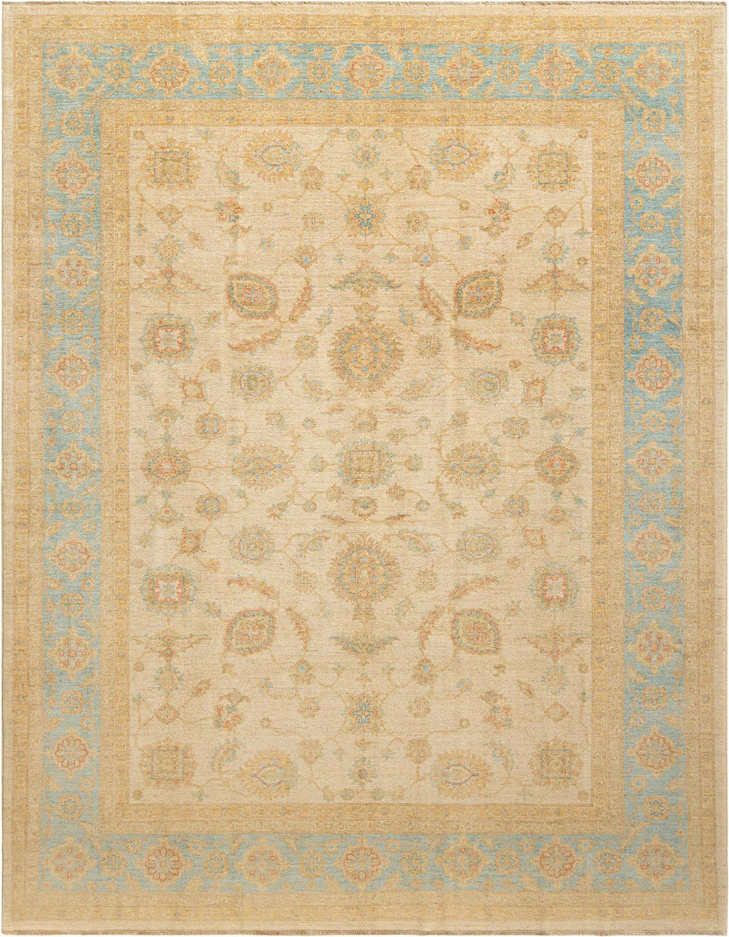 A rectangular 8x11 Kaizar Persian rug in brown and ivory, featuring an intricate floral medallion pattern and a light blue border.