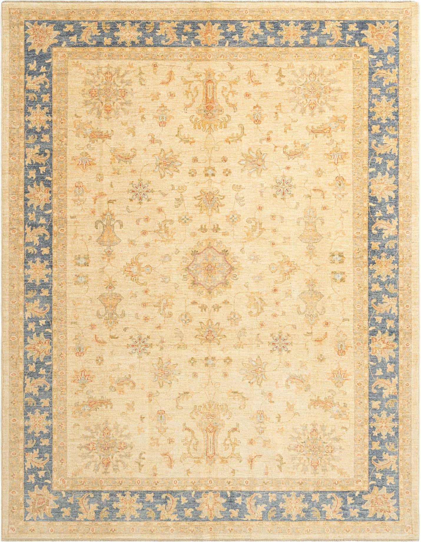 A rectangular 8x11 Kaizar Persian rug with a cream and tan field, intricate floral patterns, and a blue border.