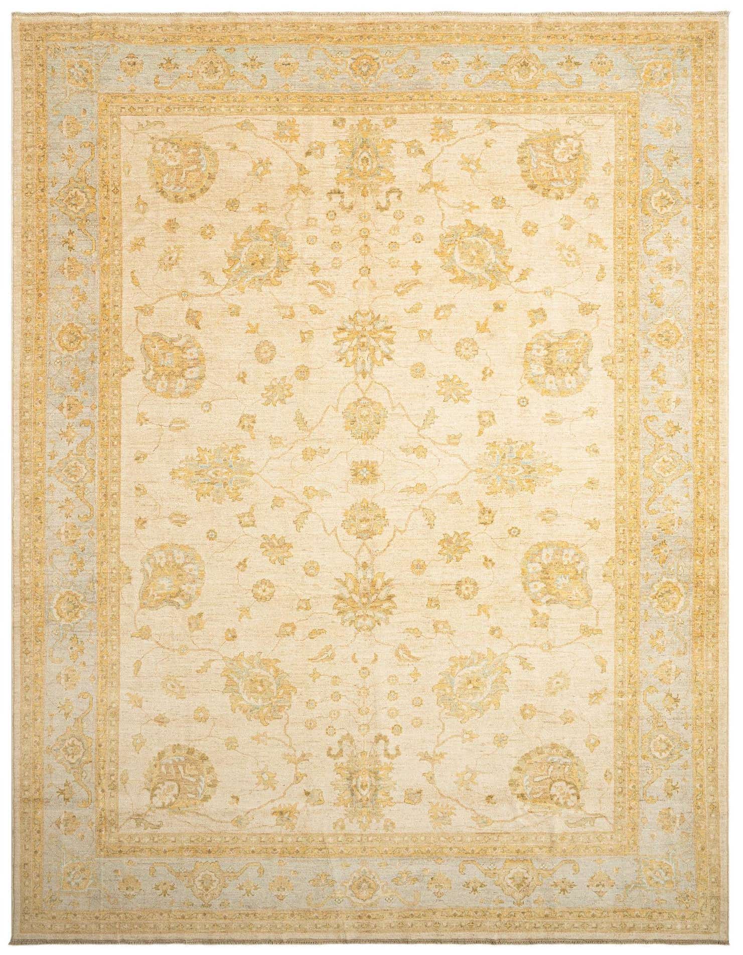 A 9x12 rectangular Kaizar Persian rug in cream and tan with intricate floral patterns and a light blue border.