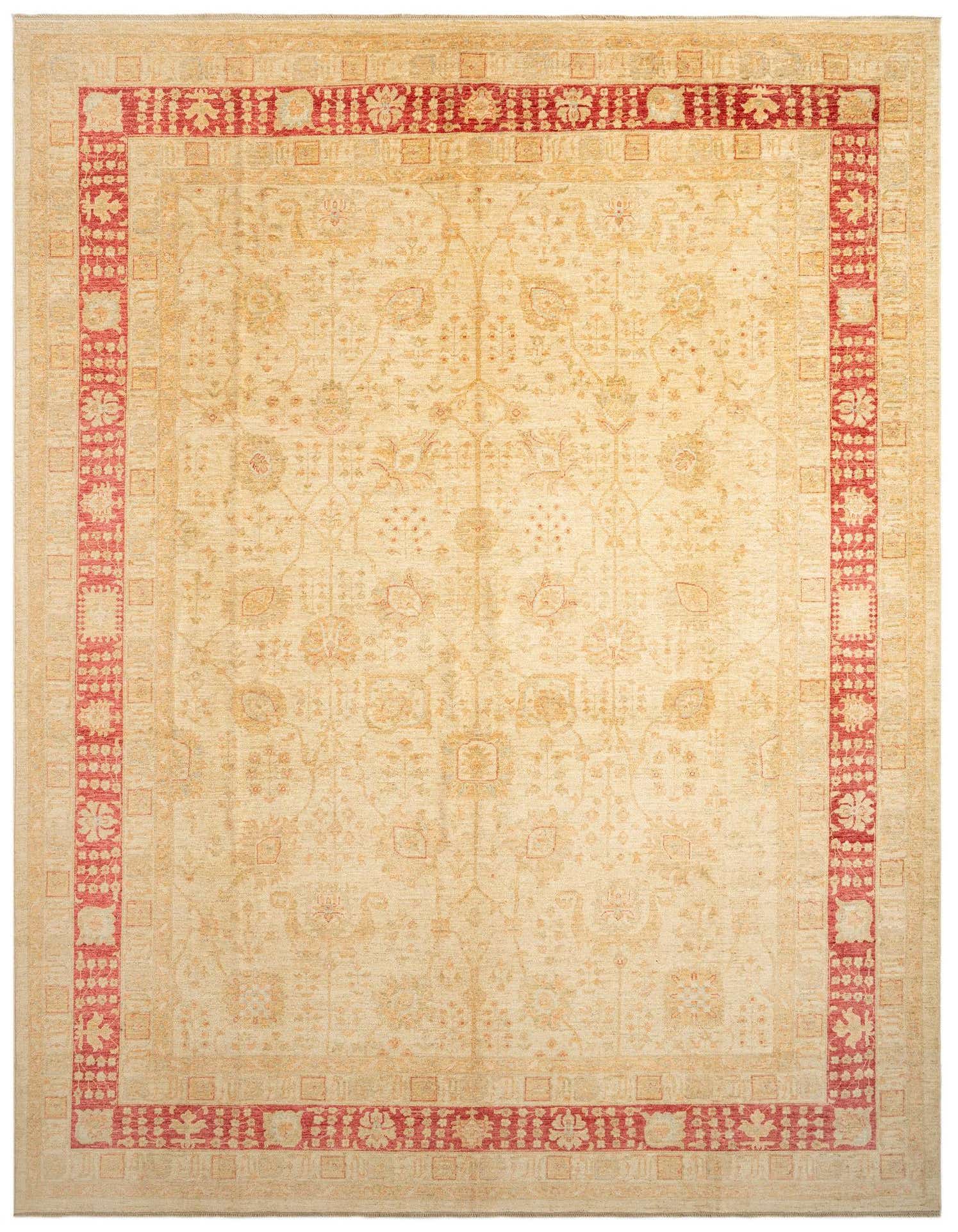 A 10x13 rectangular Persian rug with a cream and tan field featuring subtle floral motifs, framed by a bold red border with intricate patterns.