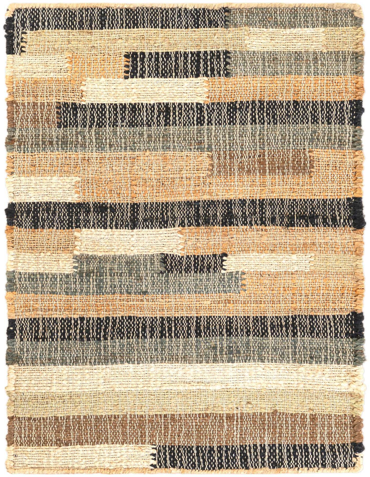 A 2x3 rectangular Rugs.com Kala Handwoven Jute rug featuring an abstract pattern of horizontal stripes in varying shades of brown, tan, cream, and black, with a visible textured, medium pile.