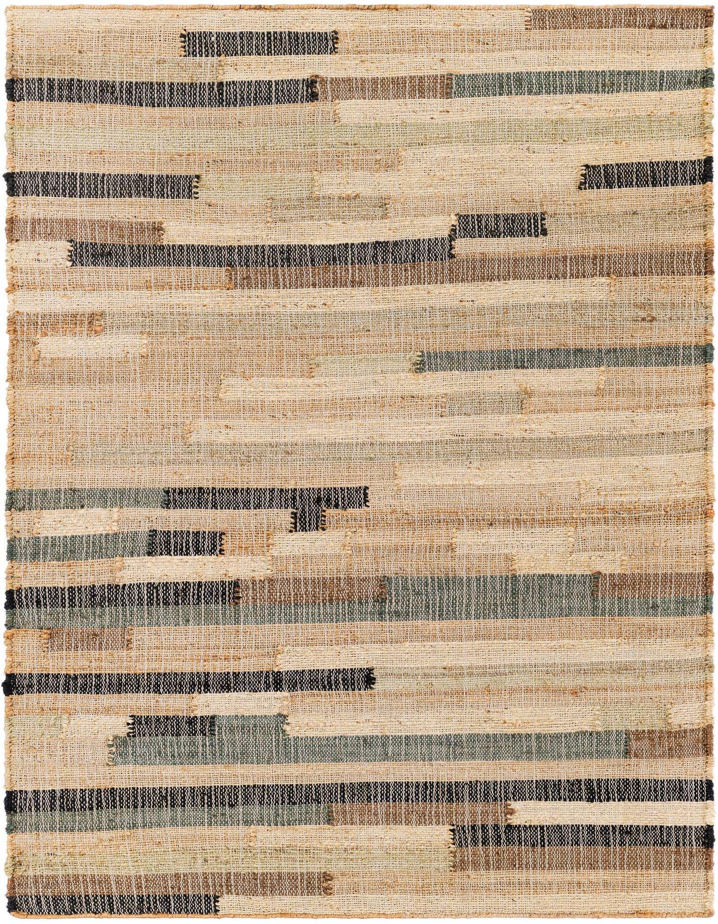 A 4x6 rectangular Rugs.com Kala Handwoven Jute rug with a modern striped pattern in browns, tans, and creams.