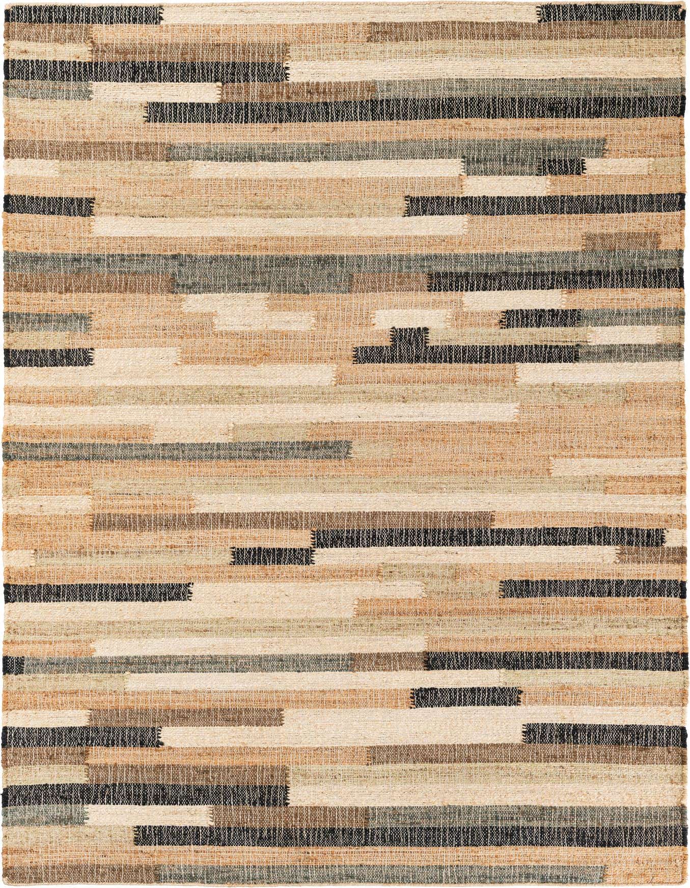 A 5x8 rectangular Kala Handwoven Jute rug featuring a modern stripe pattern in browns, tans, and ivories.