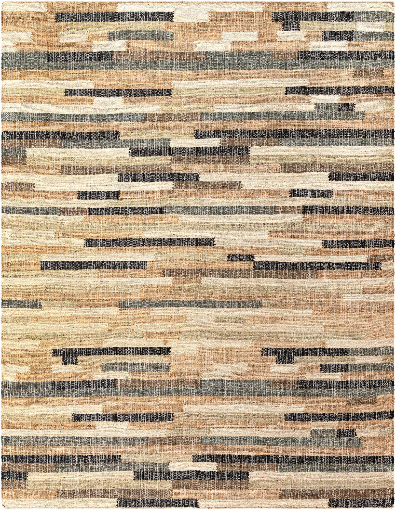 A rectangular 8x10 modern rug with a striped pattern in varying shades of brown, tan, cream, and dark gray, made from natural jute and cotton.