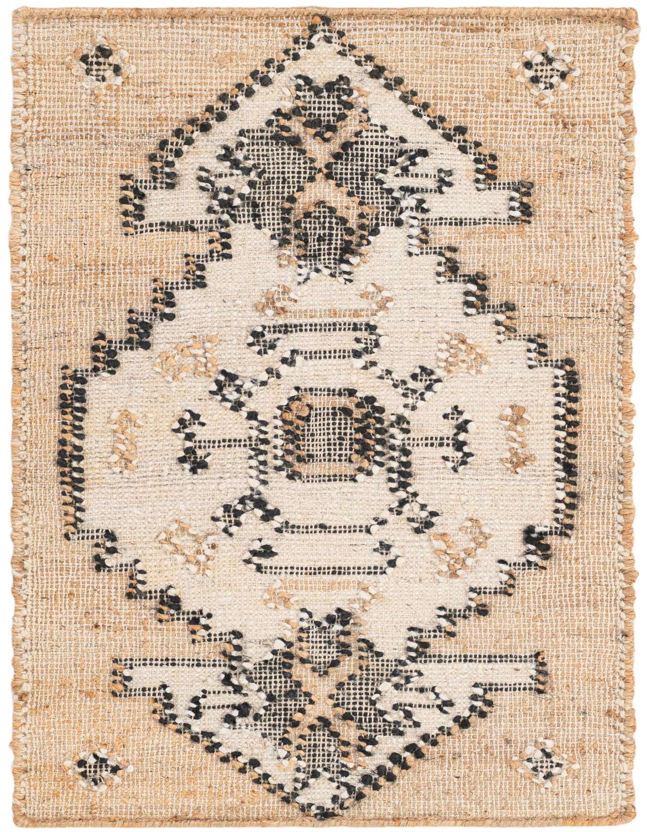 A 2x3 rectangular Rugs.com Kala Handwoven Jute rug featuring a natural brown background with an ivory and black traditional medallion pattern.
